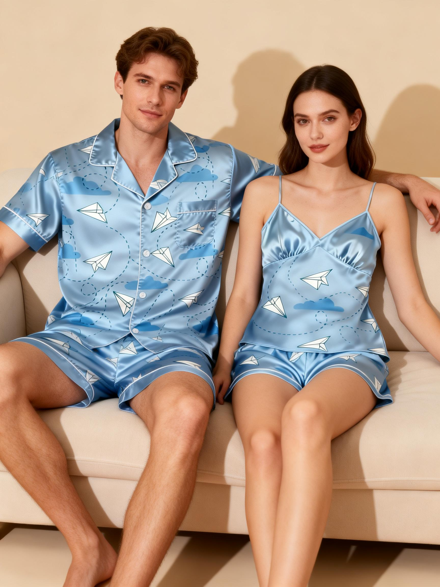 Silky Touch Classic Couple Pajamas – Satin Short Set