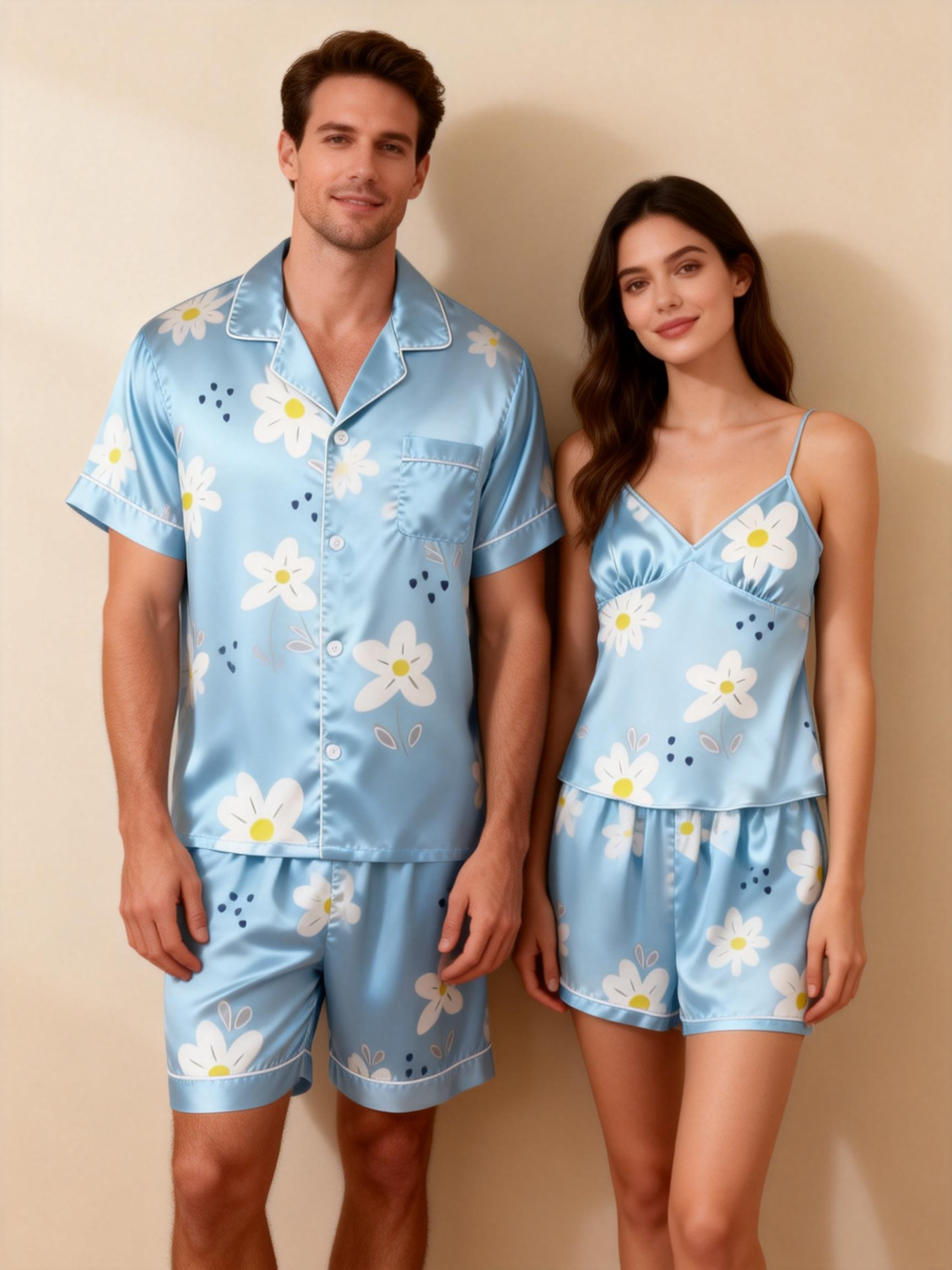 Silky Satin Lounge Set for Two – Comfortable Short Pajamas