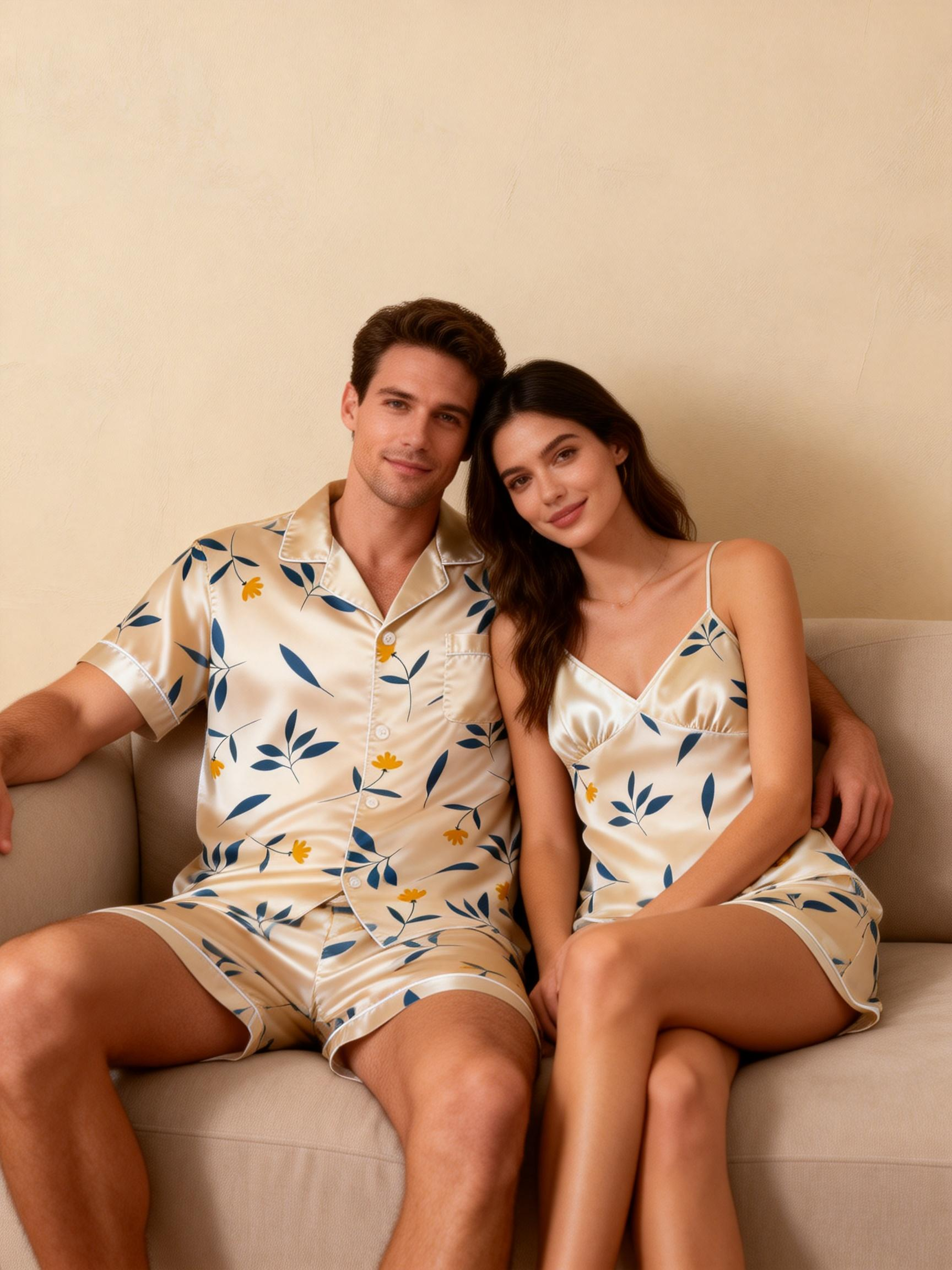 Matching Silky Pajamas for Couples – Satin Short Style