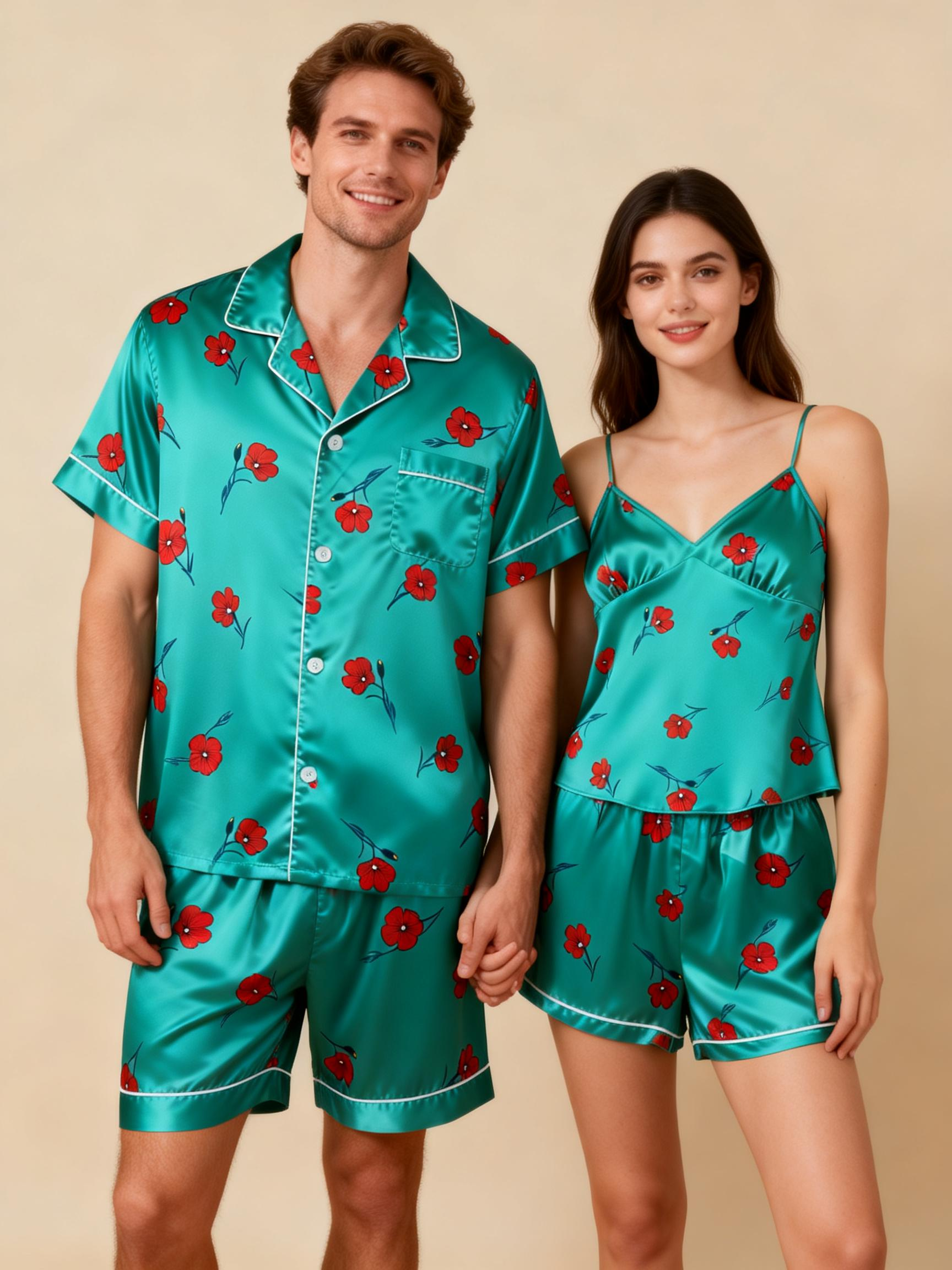 Silky Smooth Couple Pajamas – Classic Satin Short Set