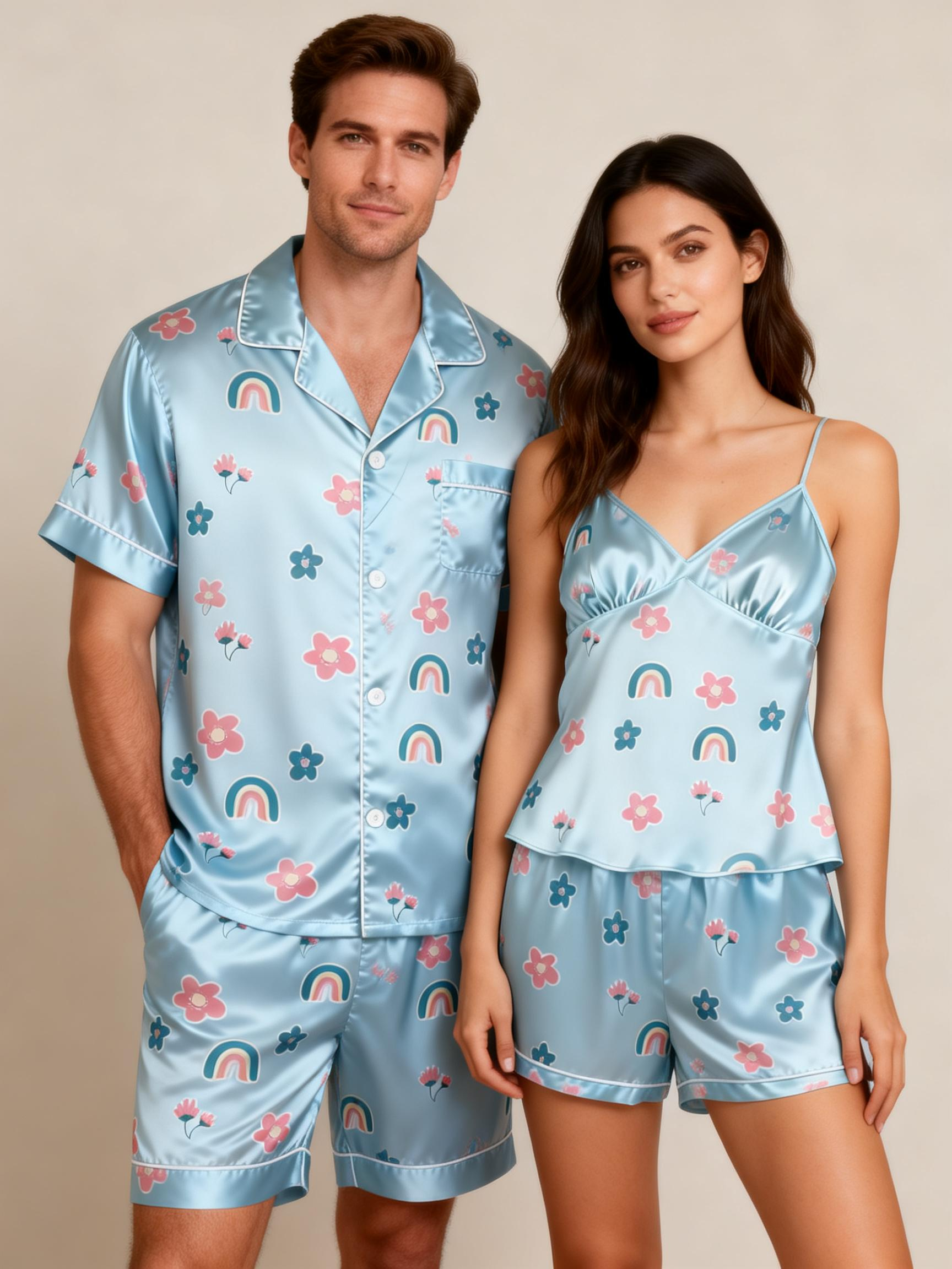 His & Her Satin Pajama Shorts Set – Classic Comfort