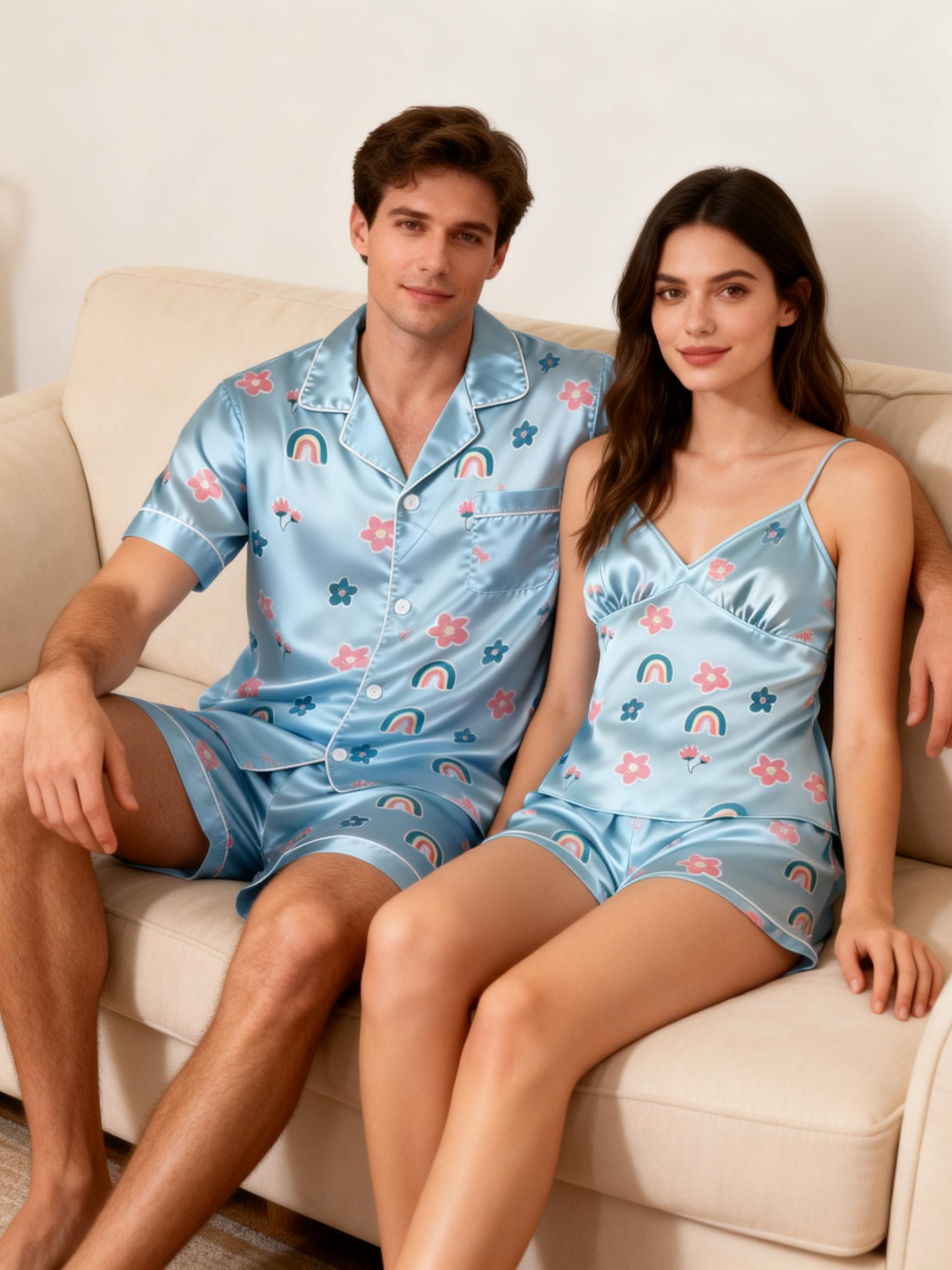 His & Her Satin Pajama Shorts Set – Classic Comfort