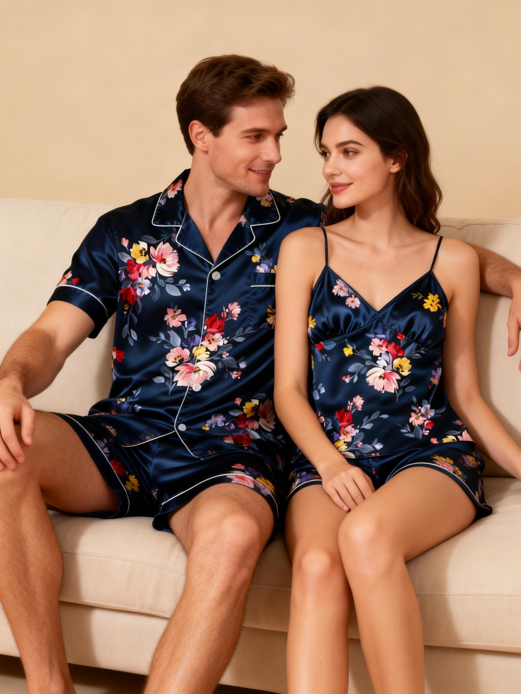 Classic Silky Satin Couple Pajamas – Perfect for Gifts