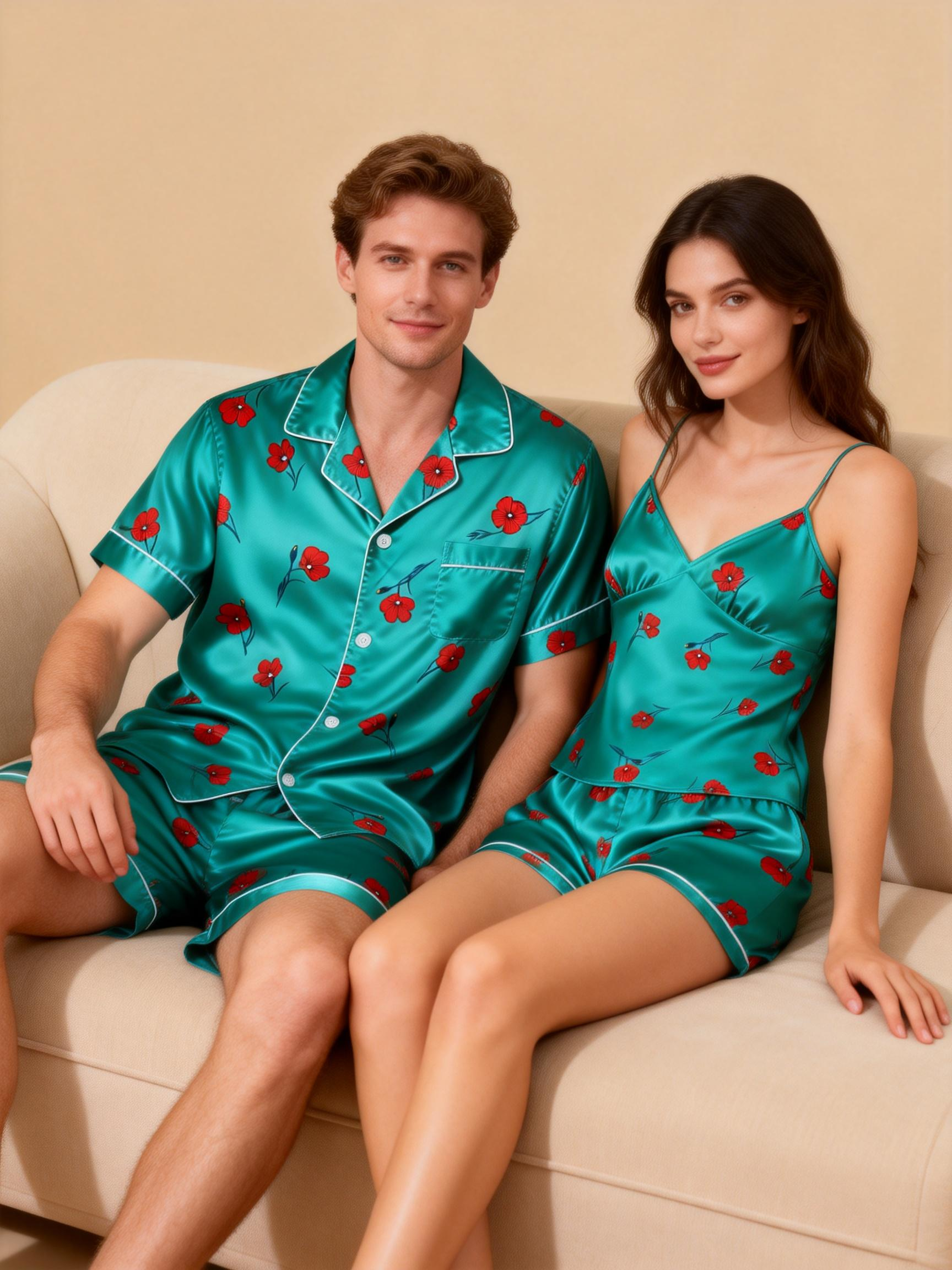 Silky Smooth Couple Pajamas – Classic Satin Short Set