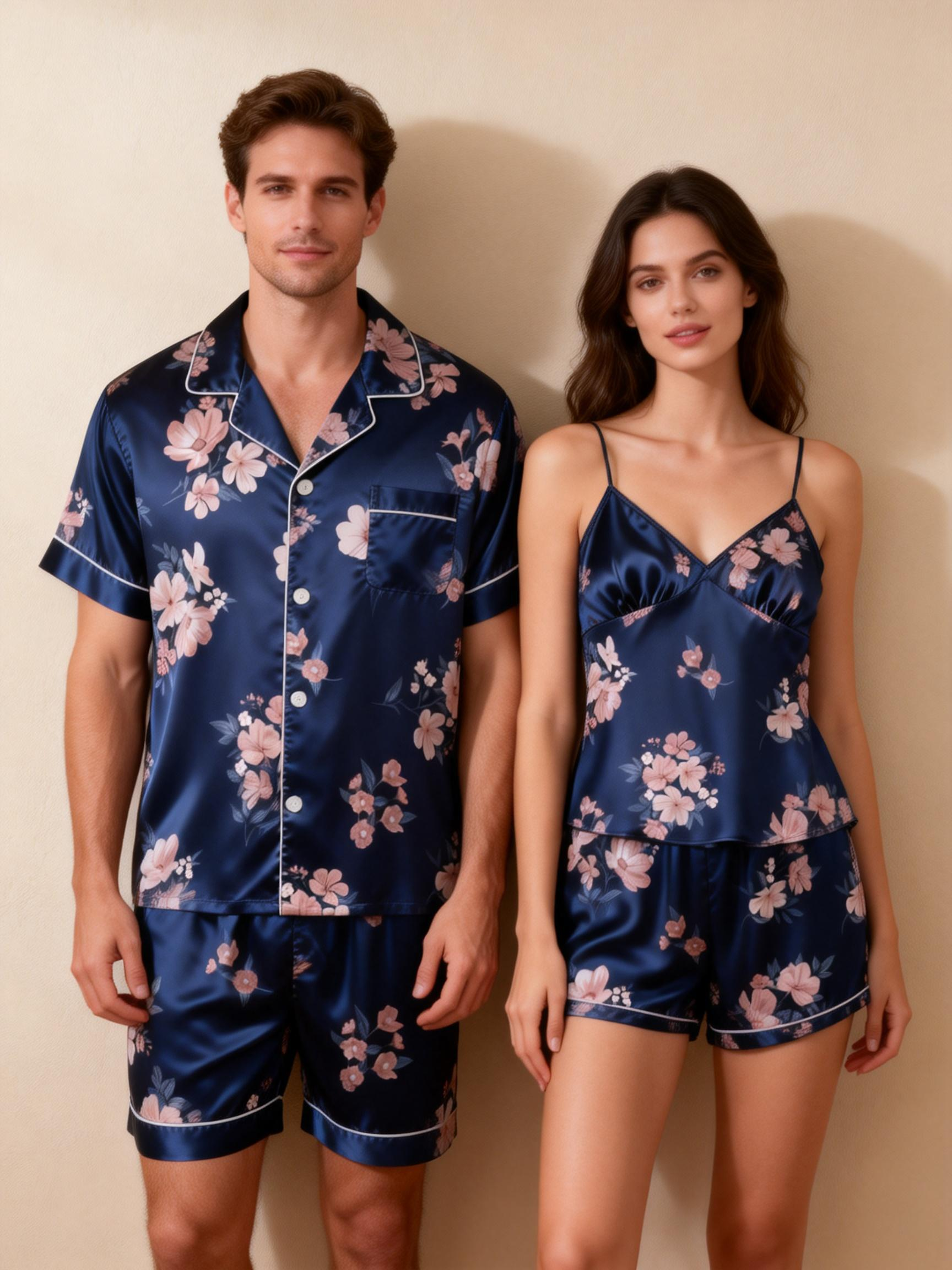 Classic Silky Sleep Pajamas for Two – Satin Short Set