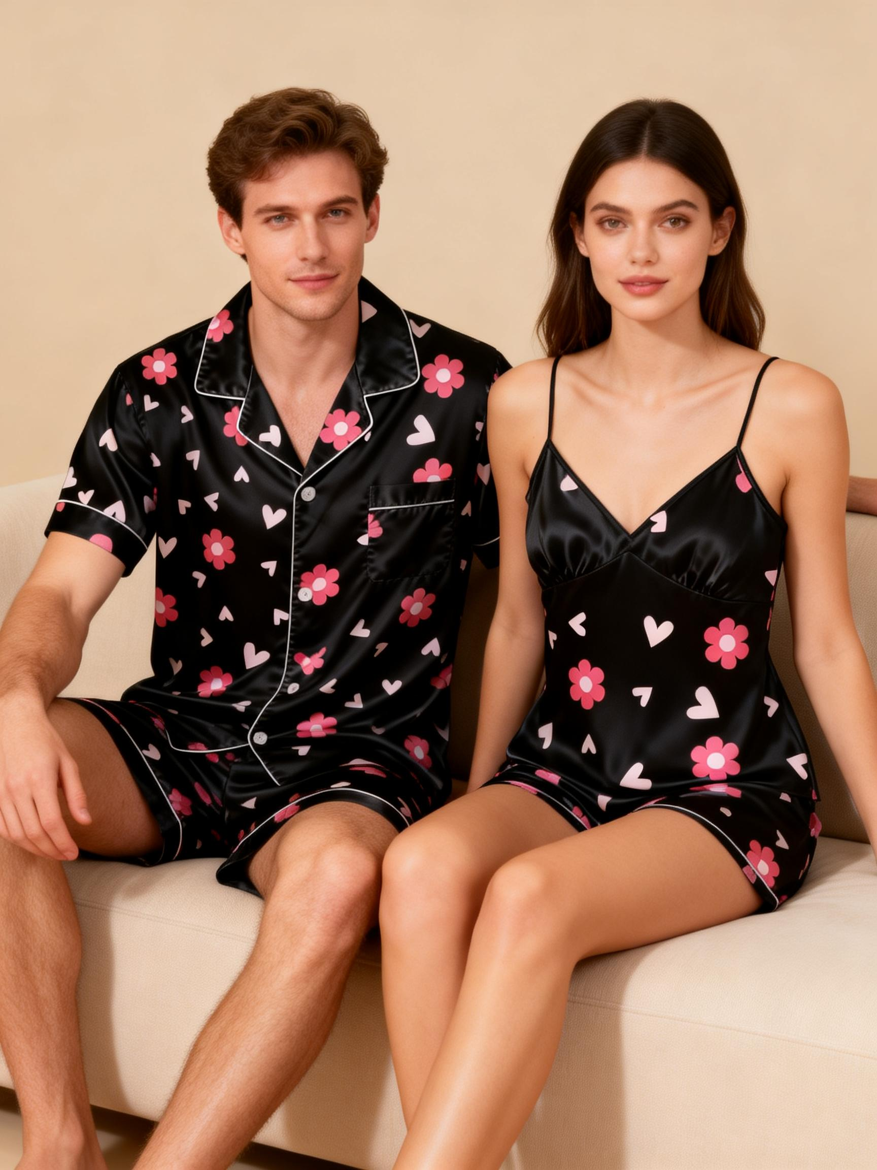 Silky Classic Couple Satin Pajamas Short Set – Luxurious Matching Sleepwear