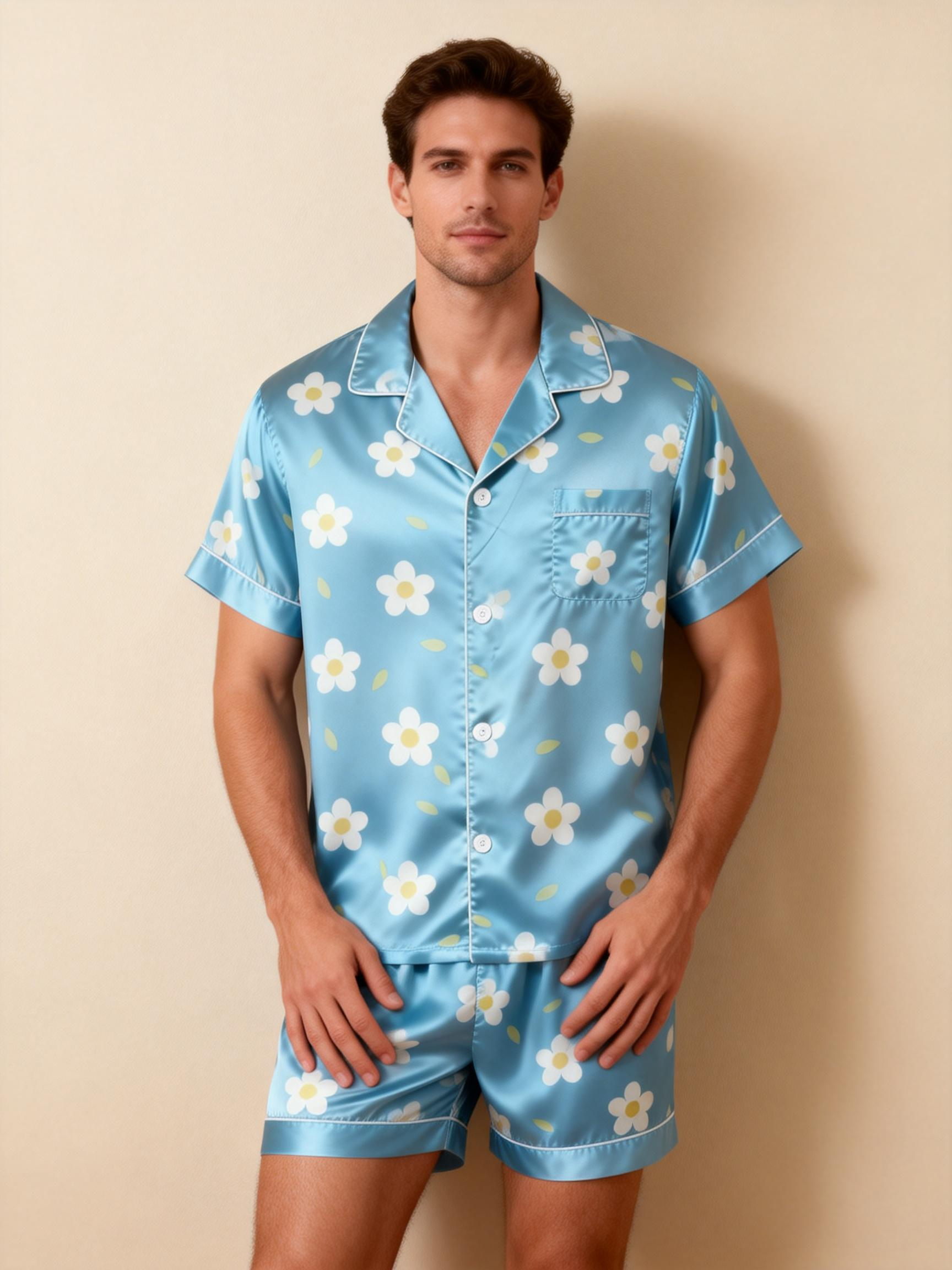 Classic Silky Couple Pajamas – Satin Short Set for Relaxation