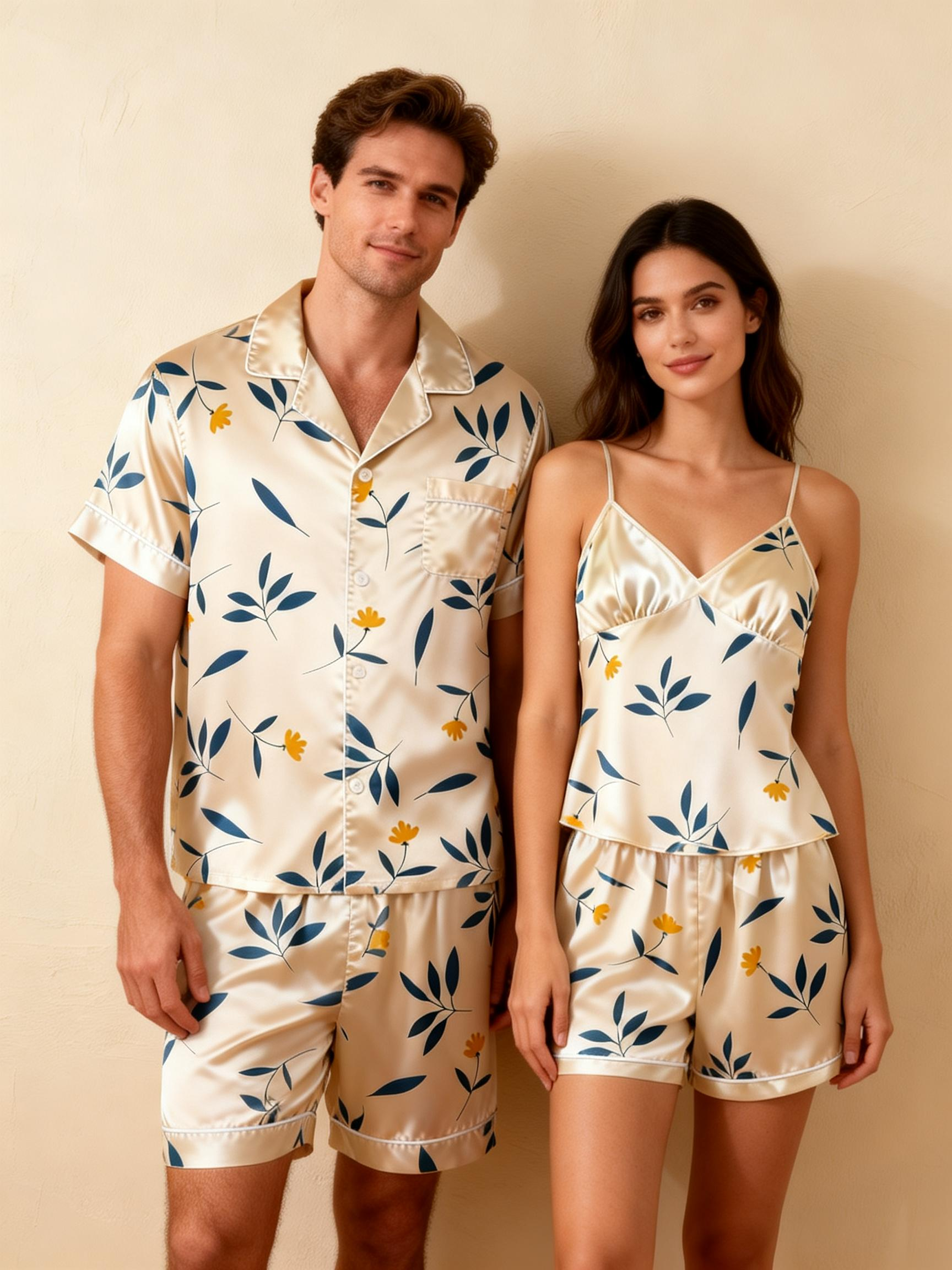 Matching Silky Pajamas for Couples – Satin Short Style