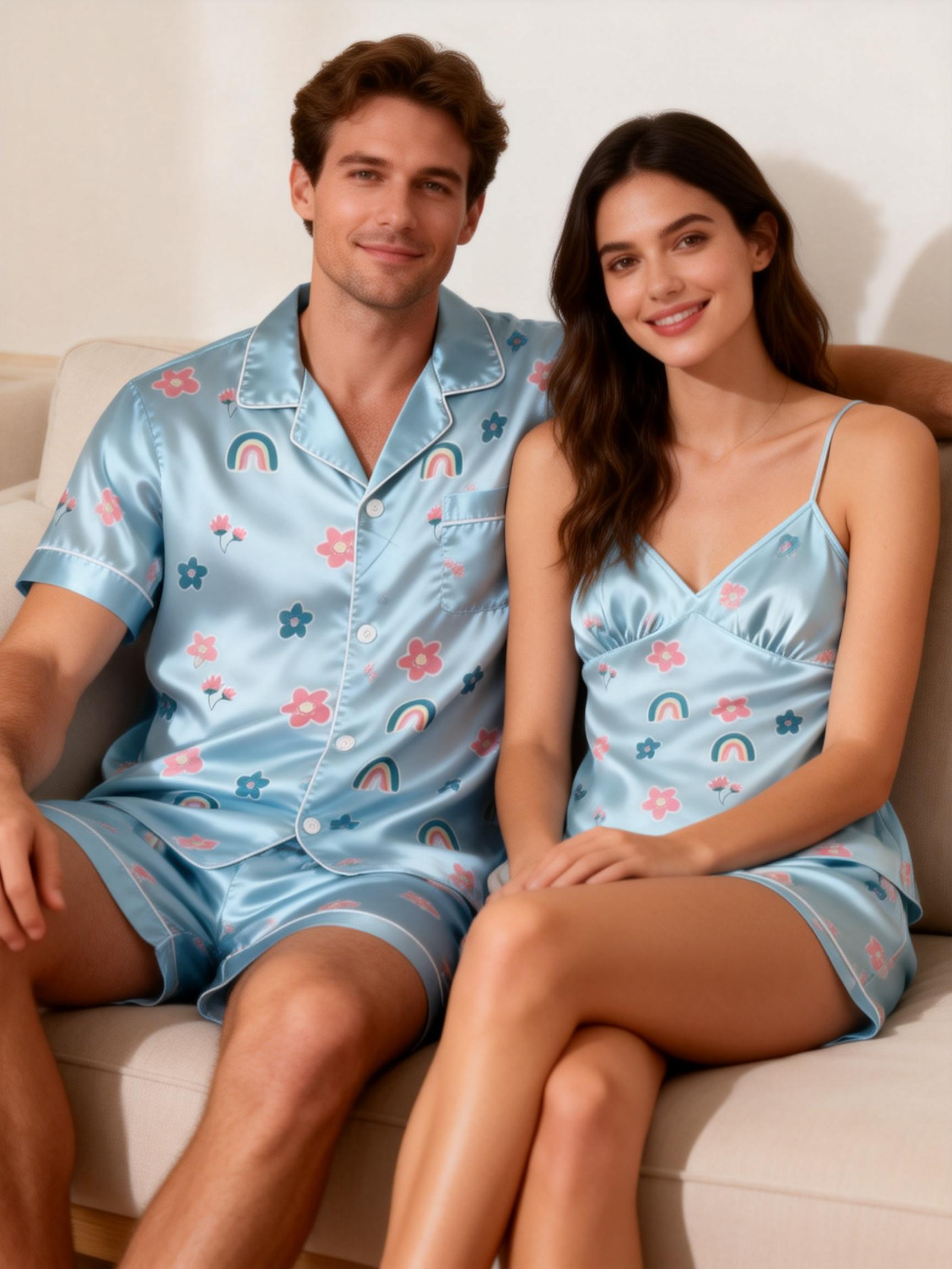 His & Her Satin Pajama Shorts Set – Classic Comfort