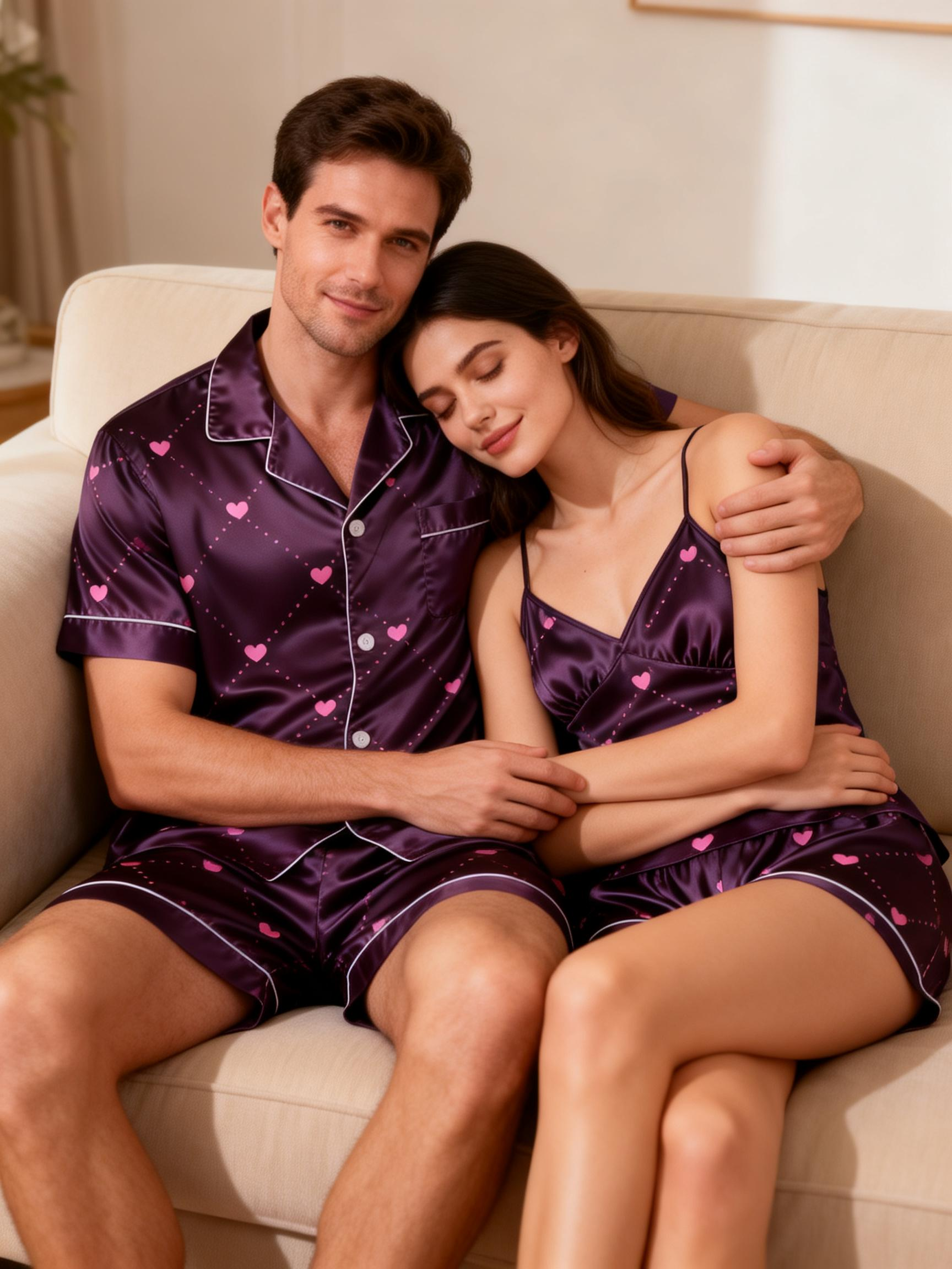 Matching Couple Satin Pajamas – Short Sleeve Set for Him & Her