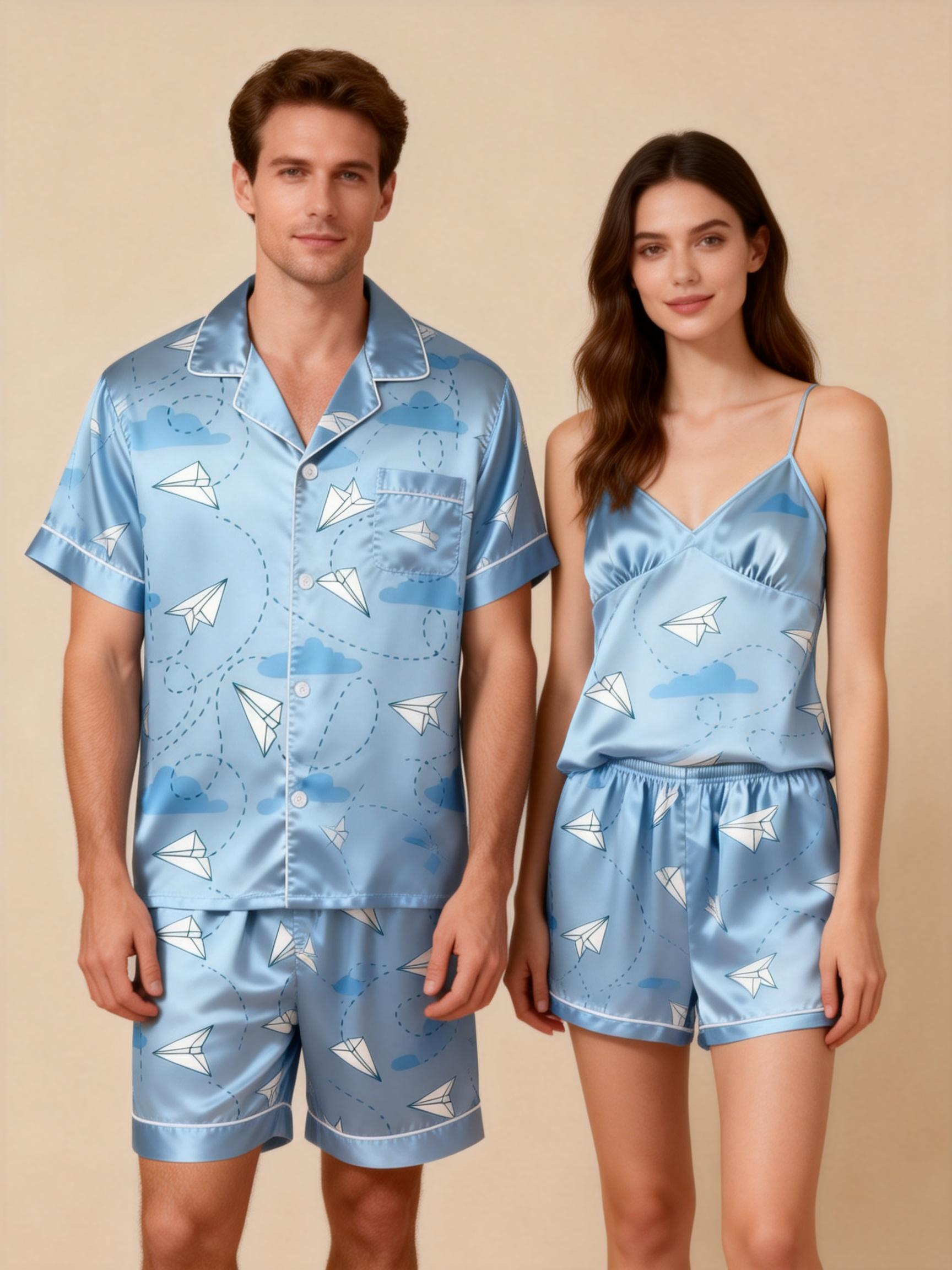 Silky Touch Classic Couple Pajamas – Satin Short Set