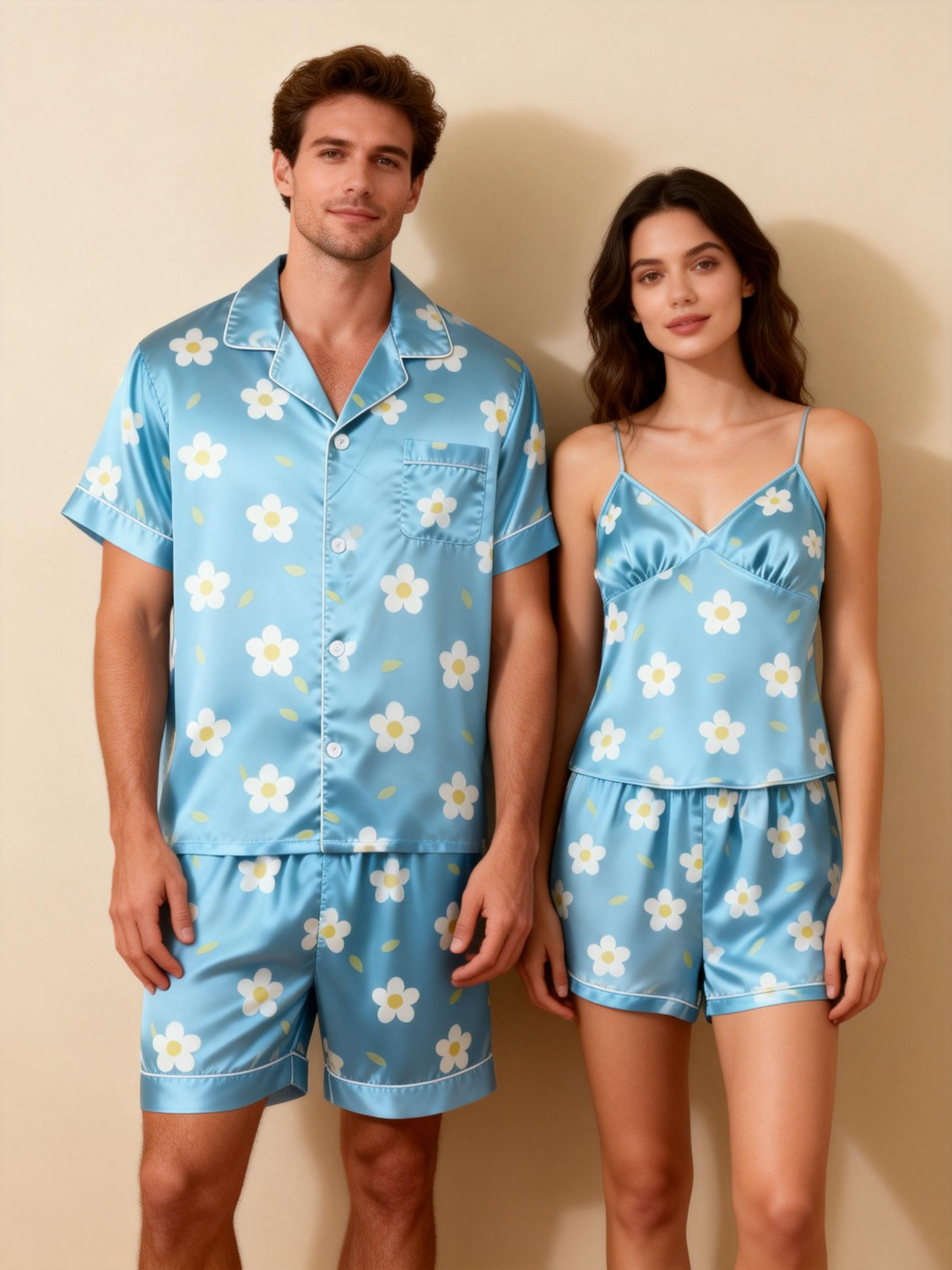 Classic Silky Couple Pajamas – Satin Short Set for Relaxation