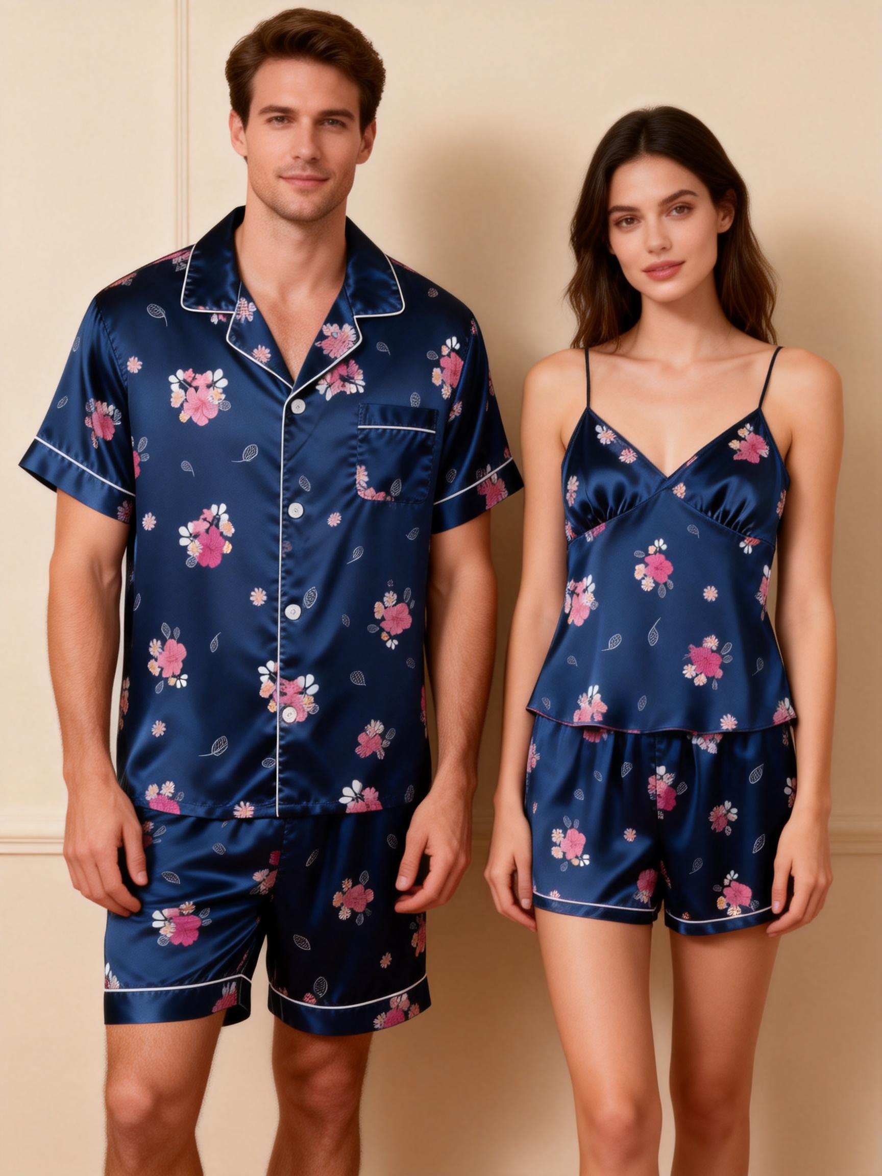 Silky Satin Couple Pajamas – Soft & Shimmery Sleepwear