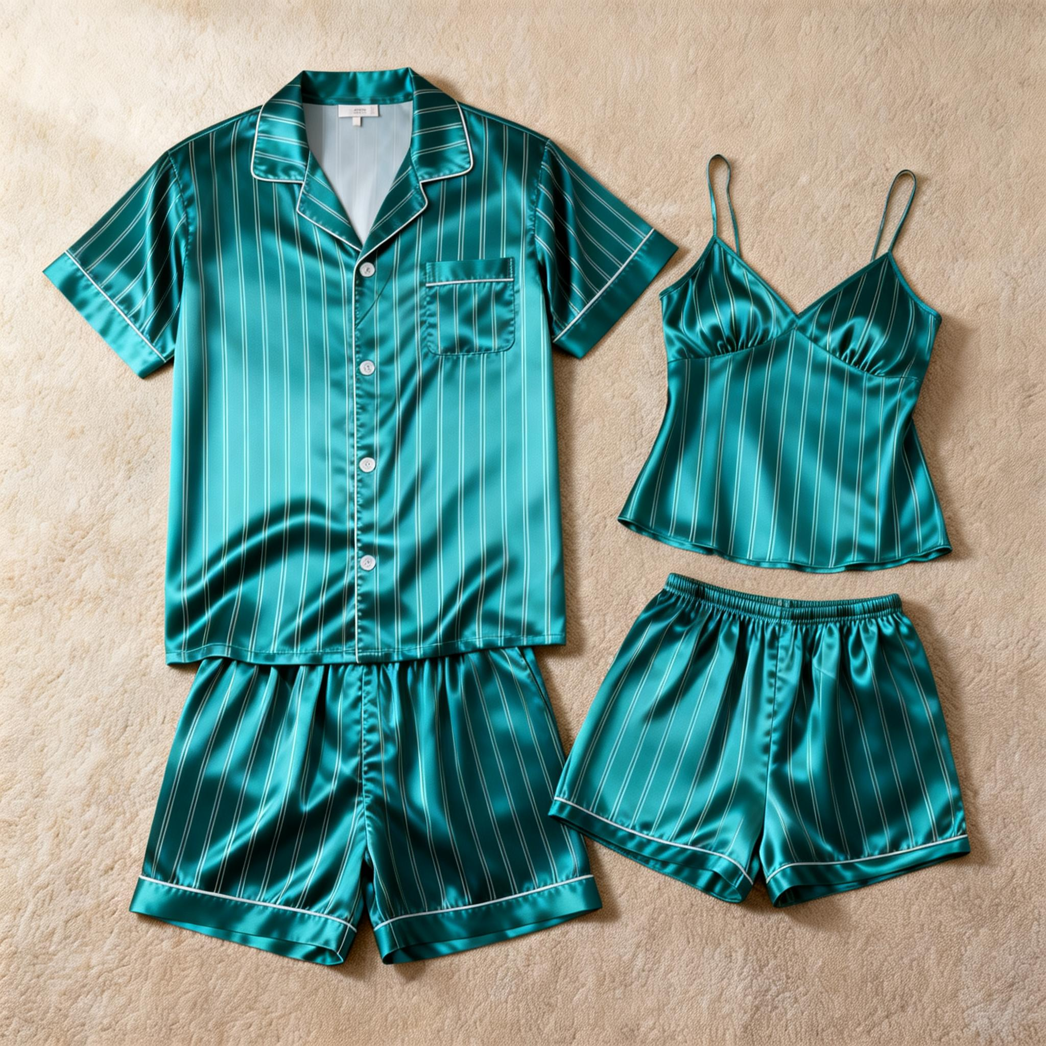 Silky Satin Striped Printed Sleep Set for Couples-Teal