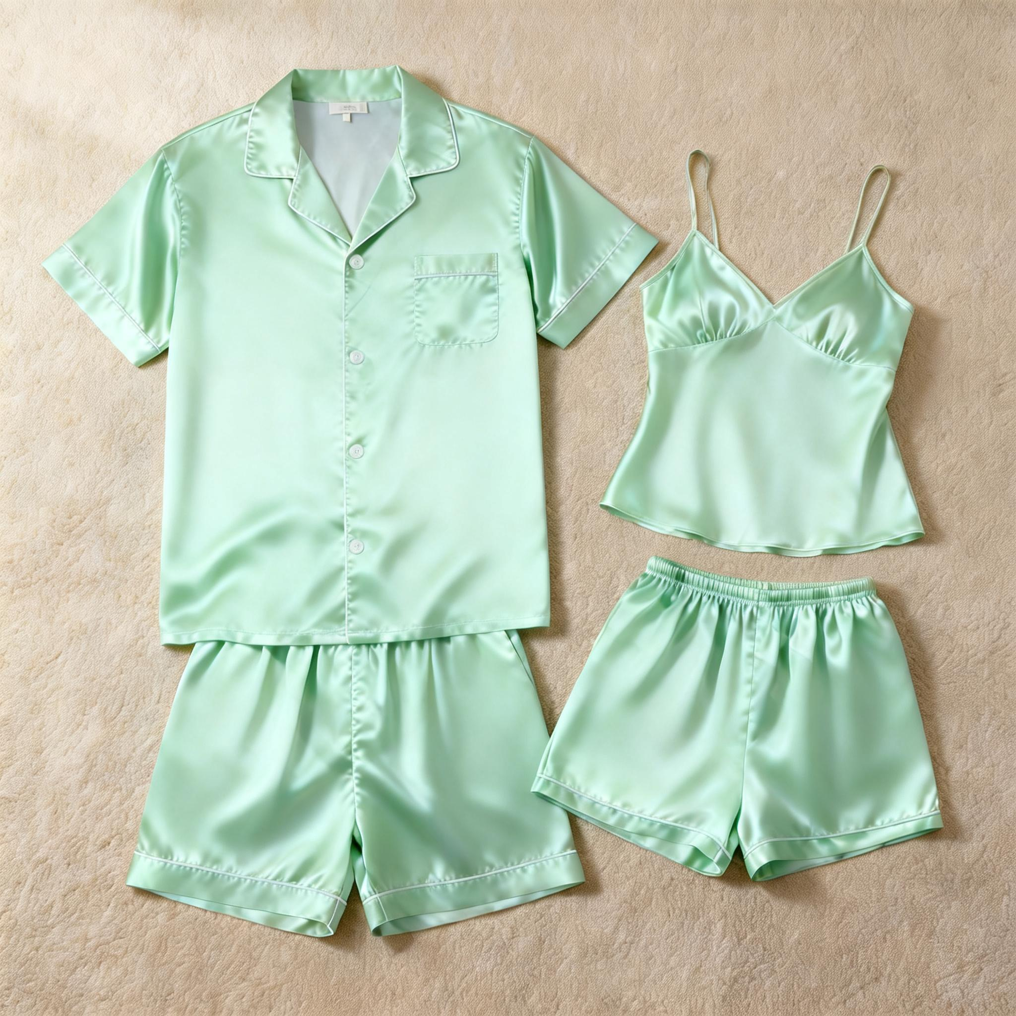 Silky Satin Solid Sleep Set for Couples-Dark Green