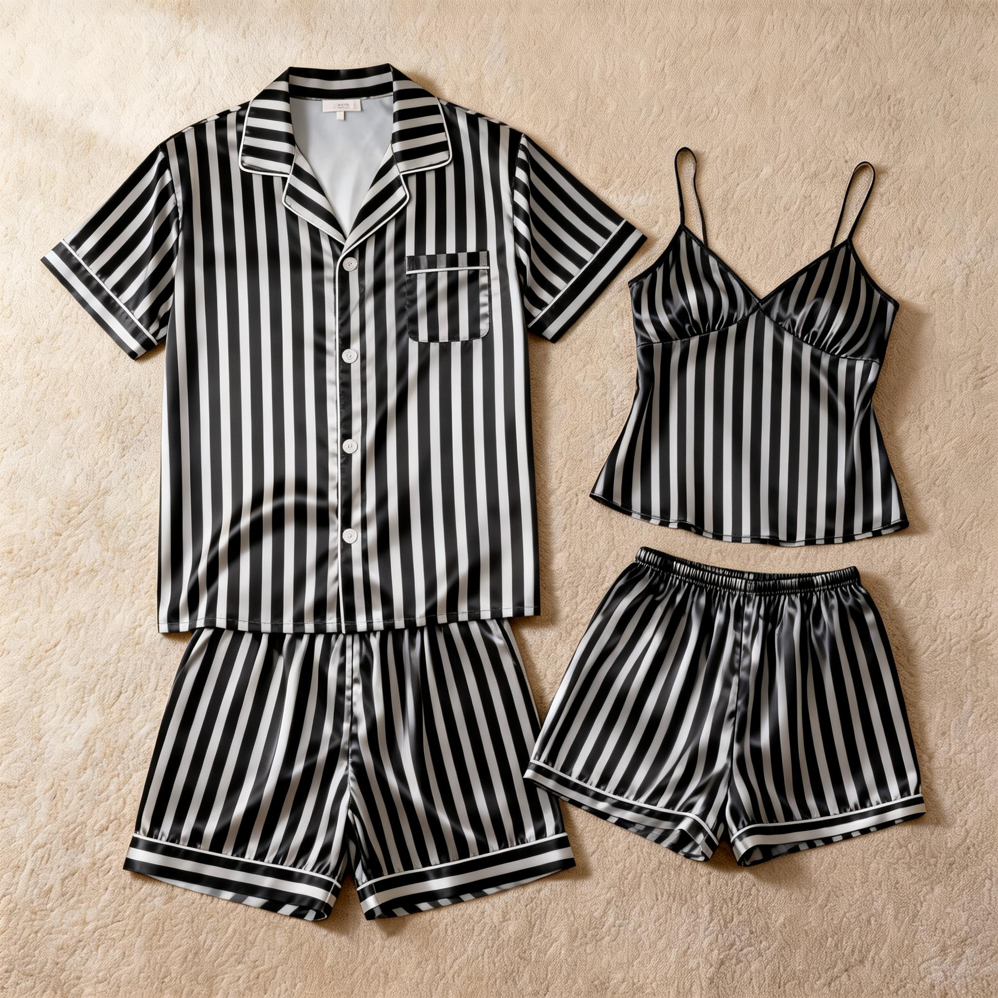 Striped Printed Silky Satin Pajamas for Couples – Chic & Comfortable