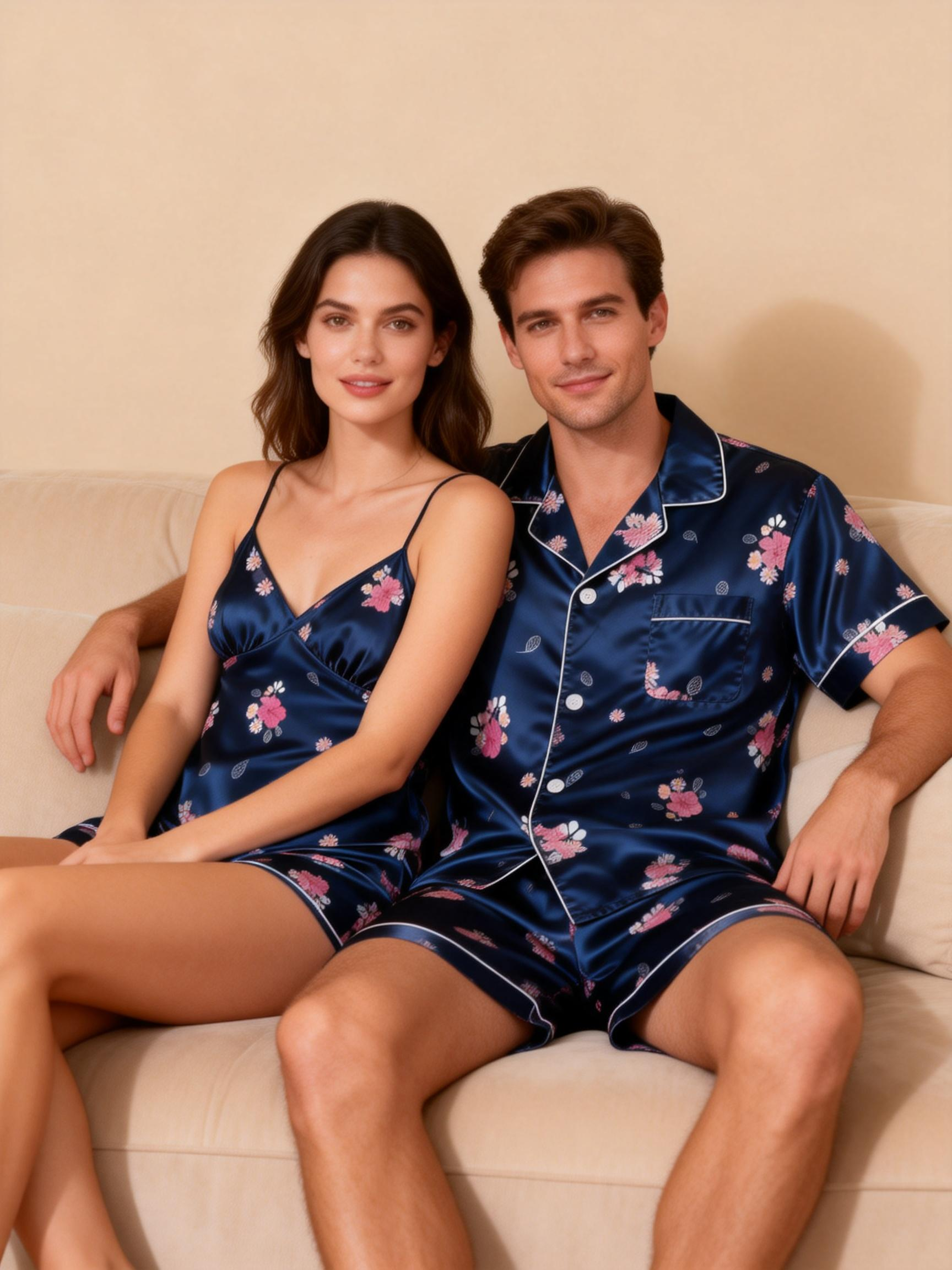Silky Satin Couple Pajamas – Soft & Shimmery Sleepwear
