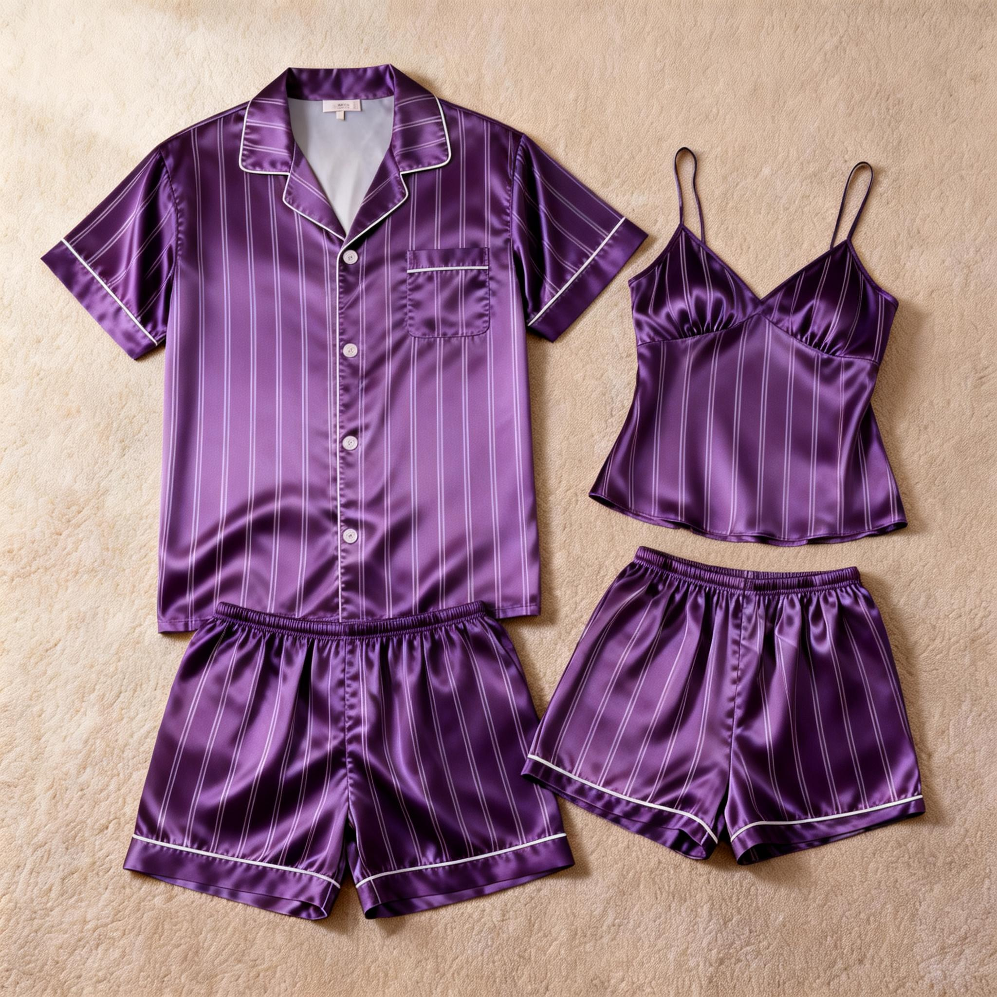 Silky Satin Striped Printed Sleep Set for Couples-Navy