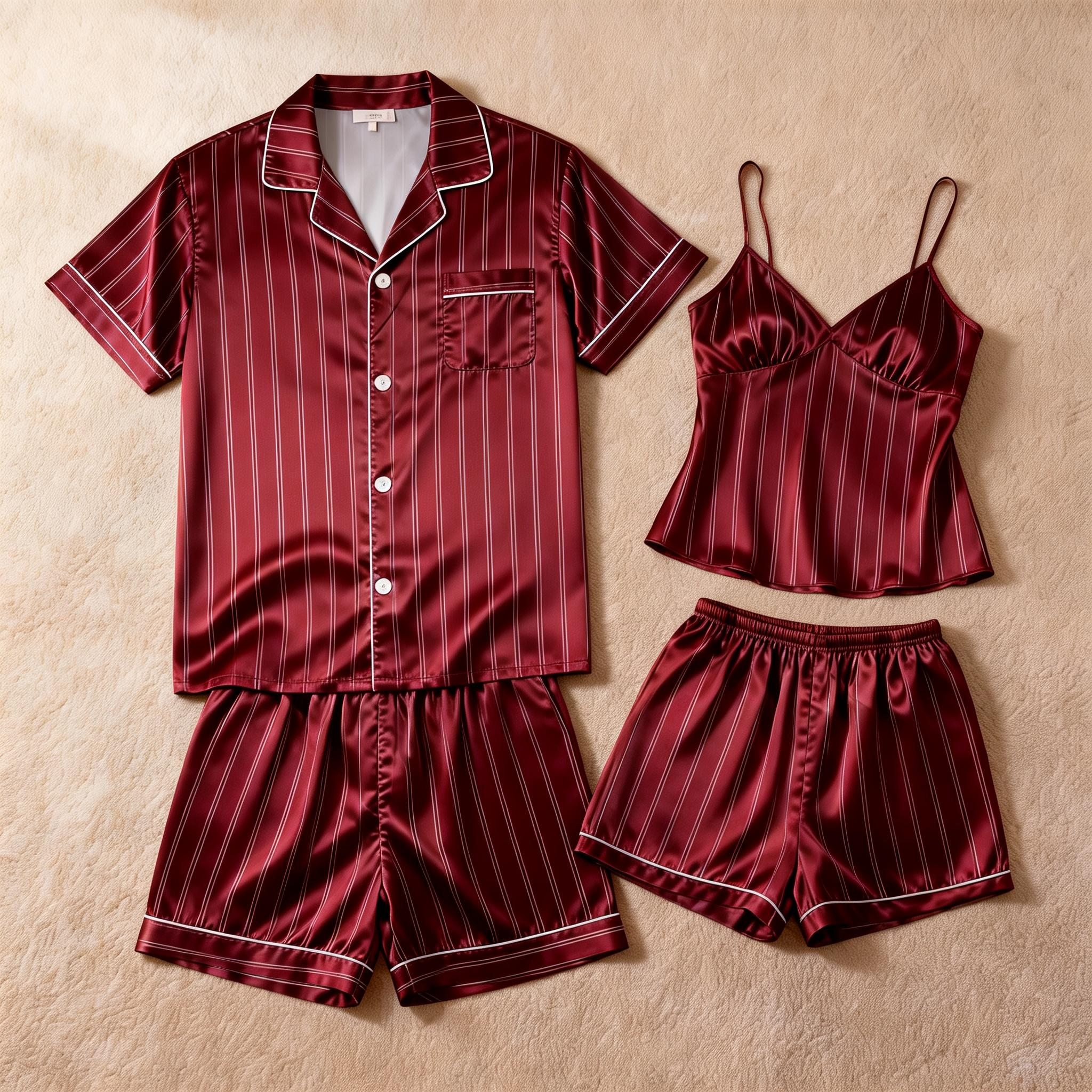 Silky Satin Striped Printed Sleep Set for Couples-Dark Green