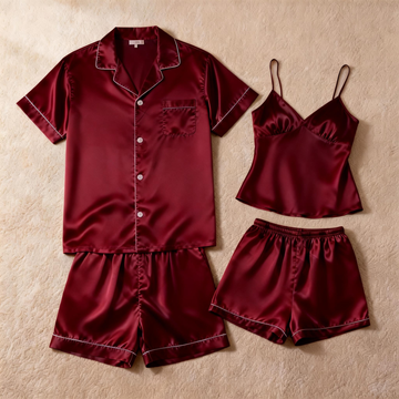 Silky Satin Solid Sleep Set for Couples-Burgundy