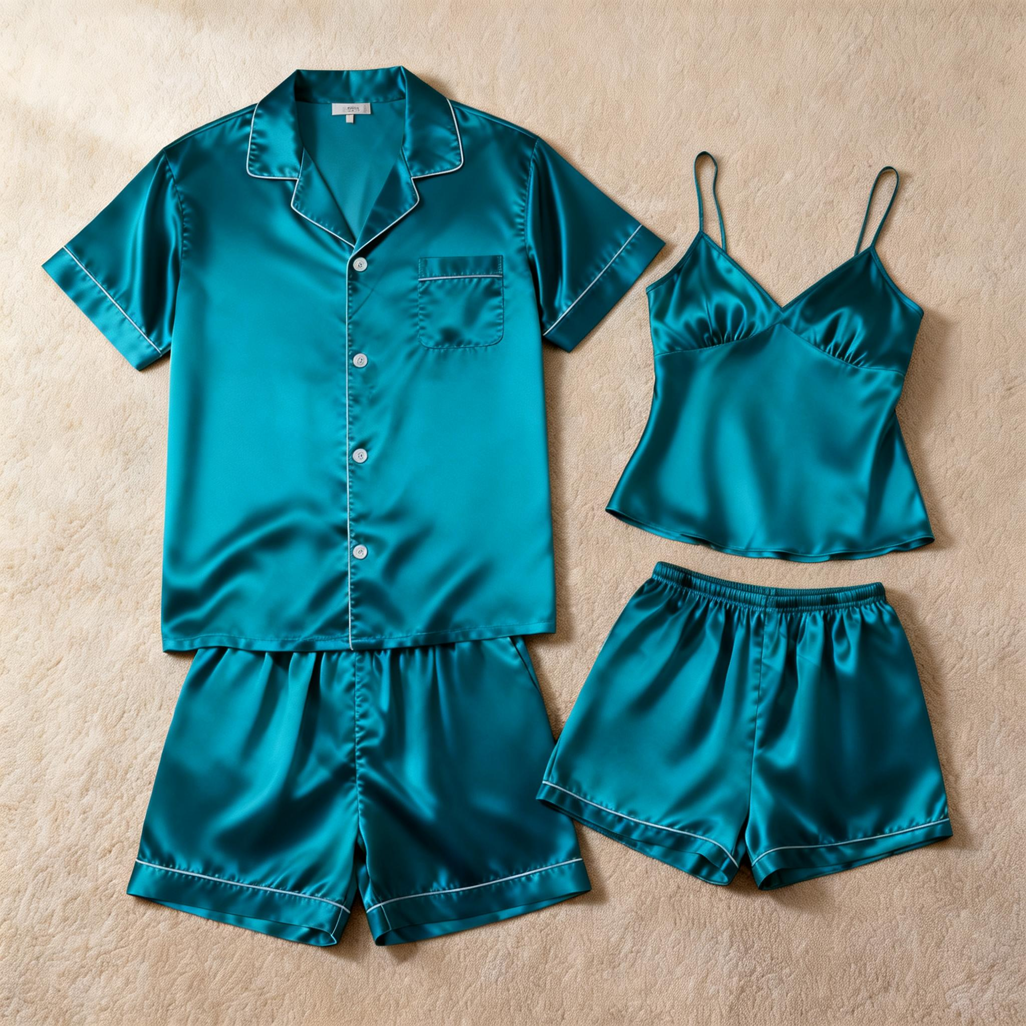 Silky Satin Solid Sleep Set for Couples-Teal
