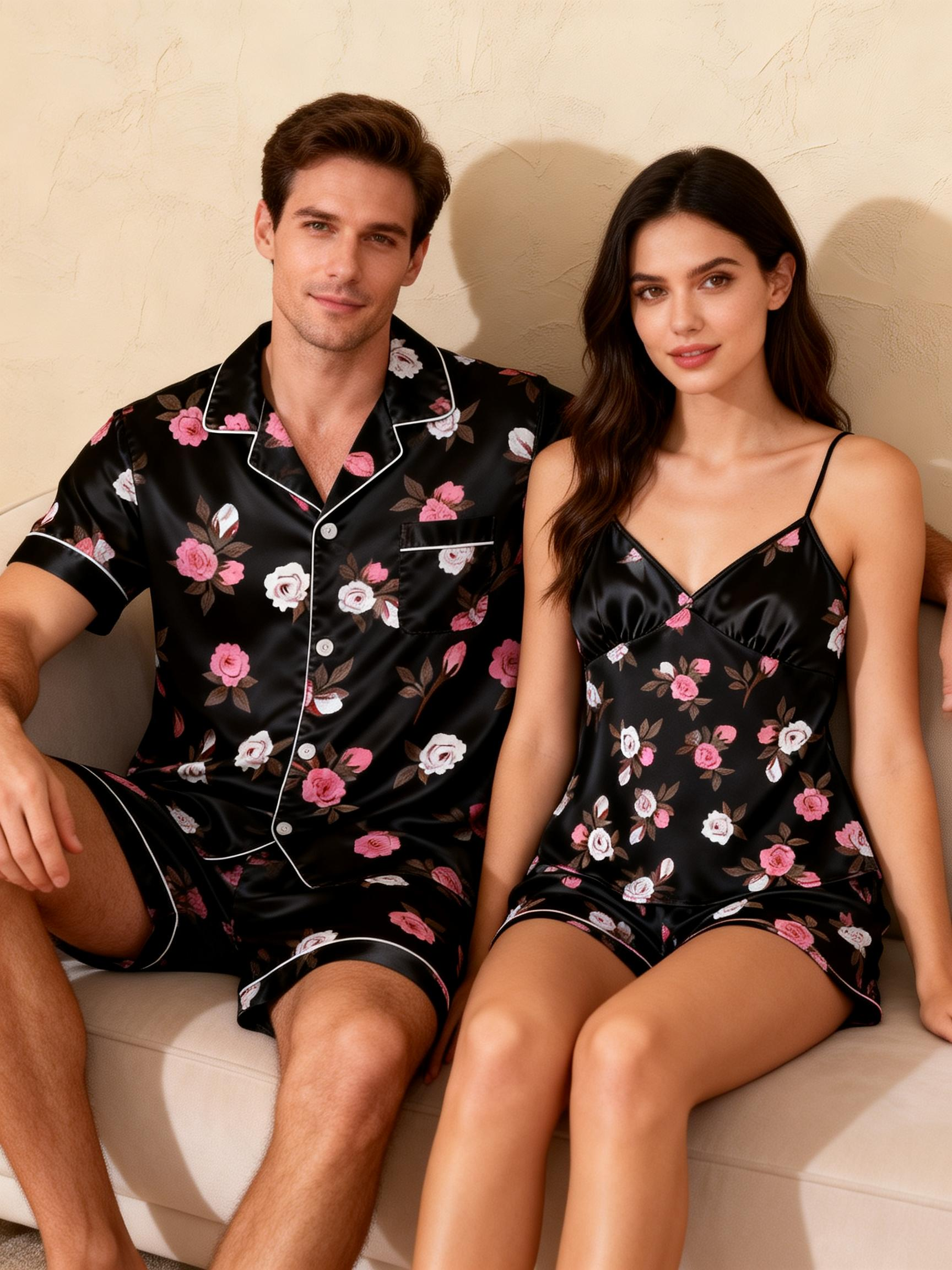 Matching Silky Sleep Set for Couples – Satin Short Style