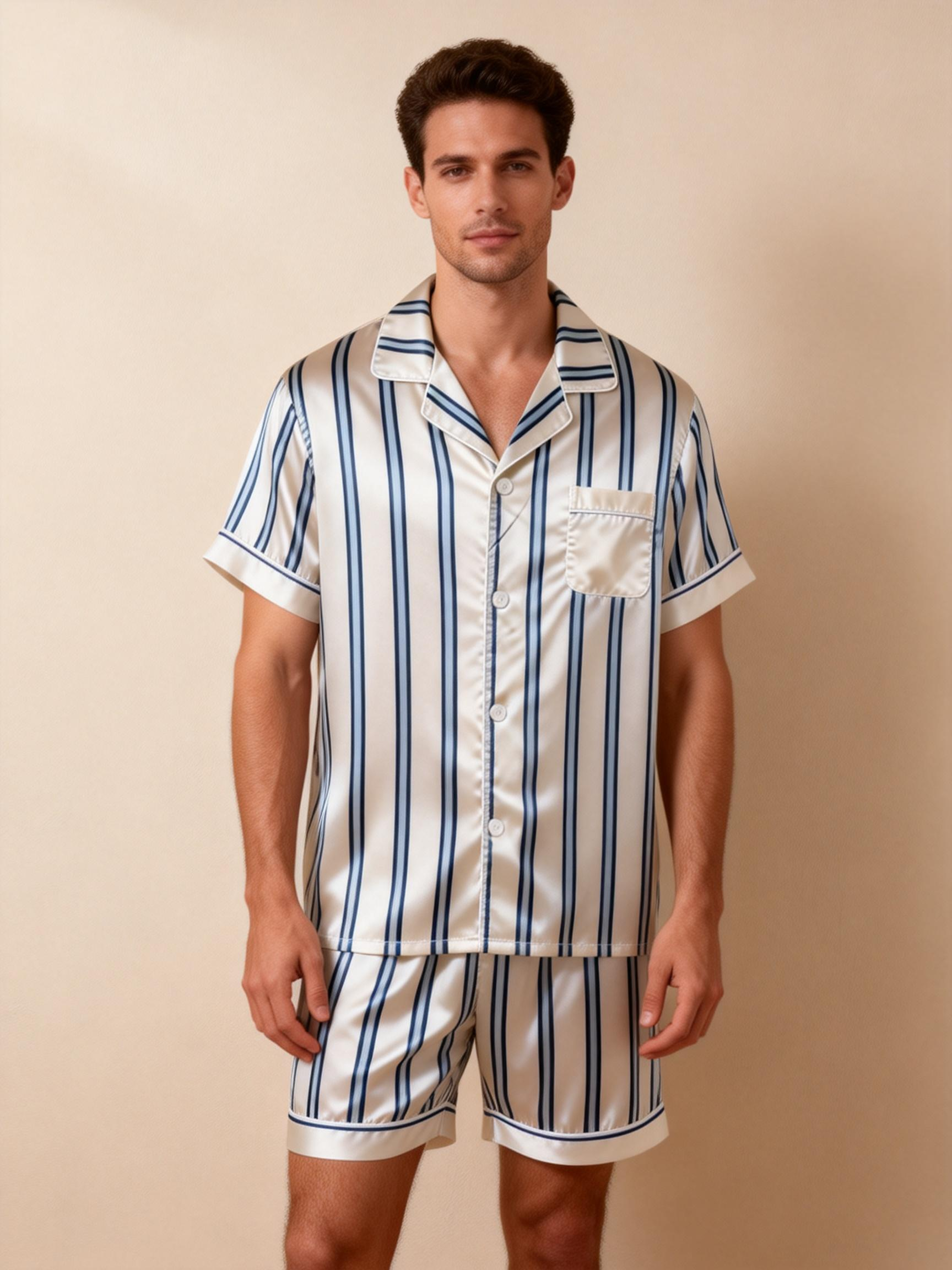Silky Classic Striped Printed Couple Sleepwear – Oecan Satin Short Pajama Set