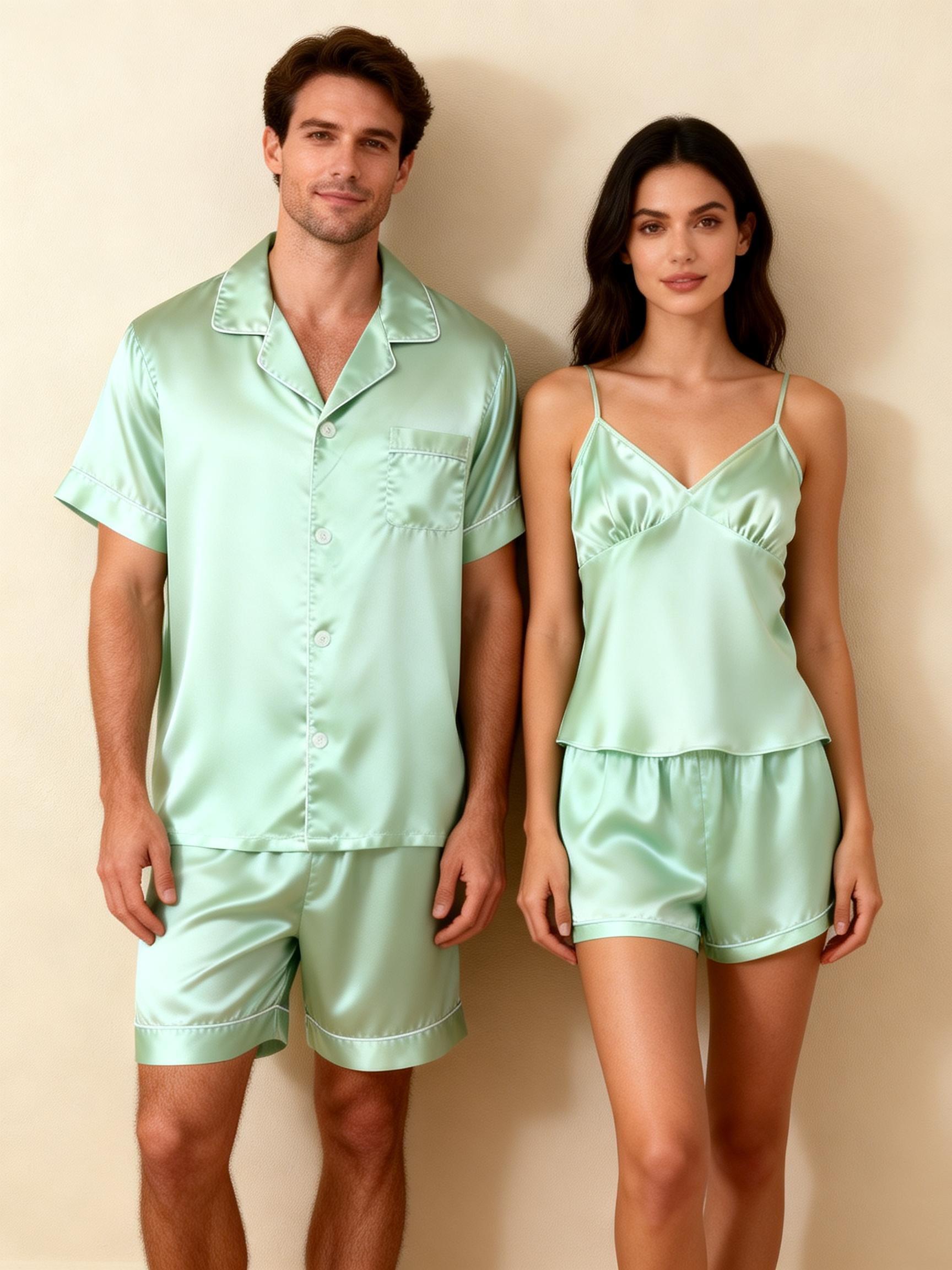 Silky Satin Solid Sleep Set for Couples-Teal