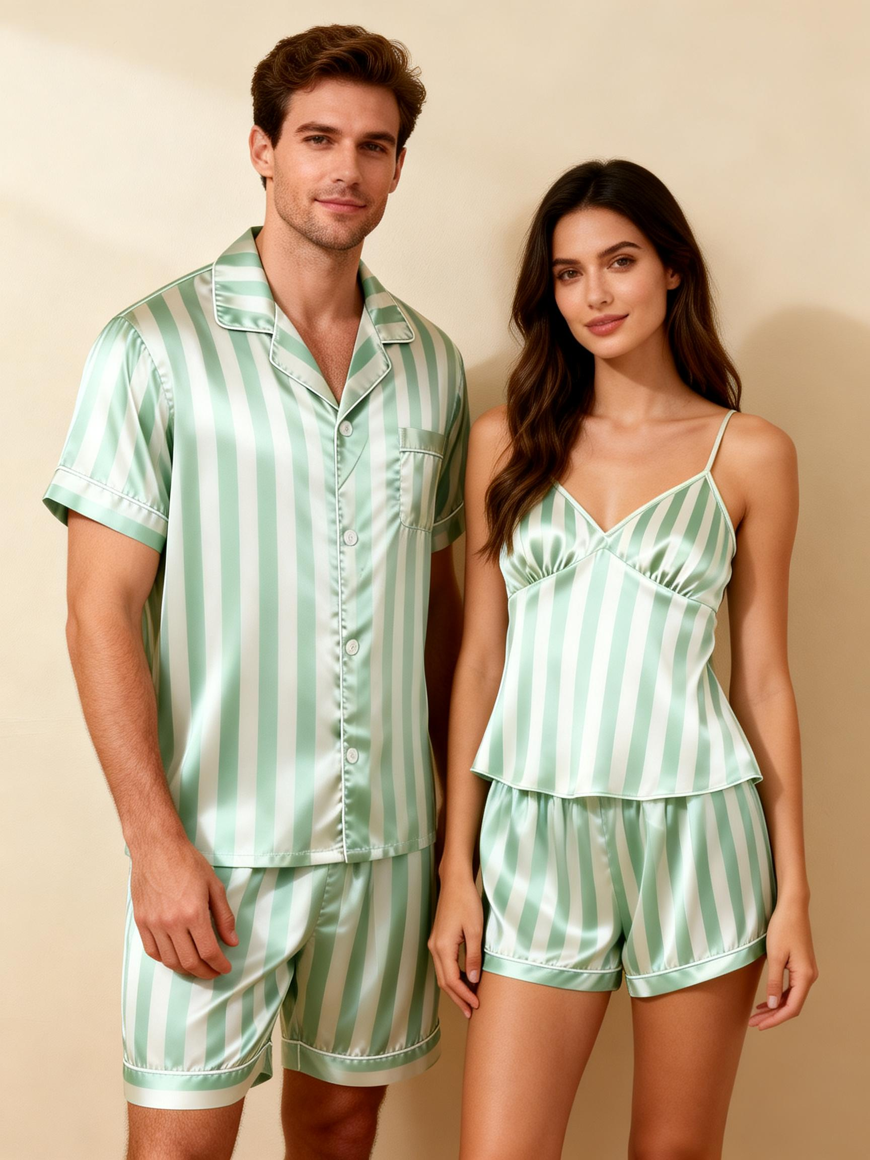 Striped Printed Silky Satin Pajamas for Couples – Chic & Comfortable