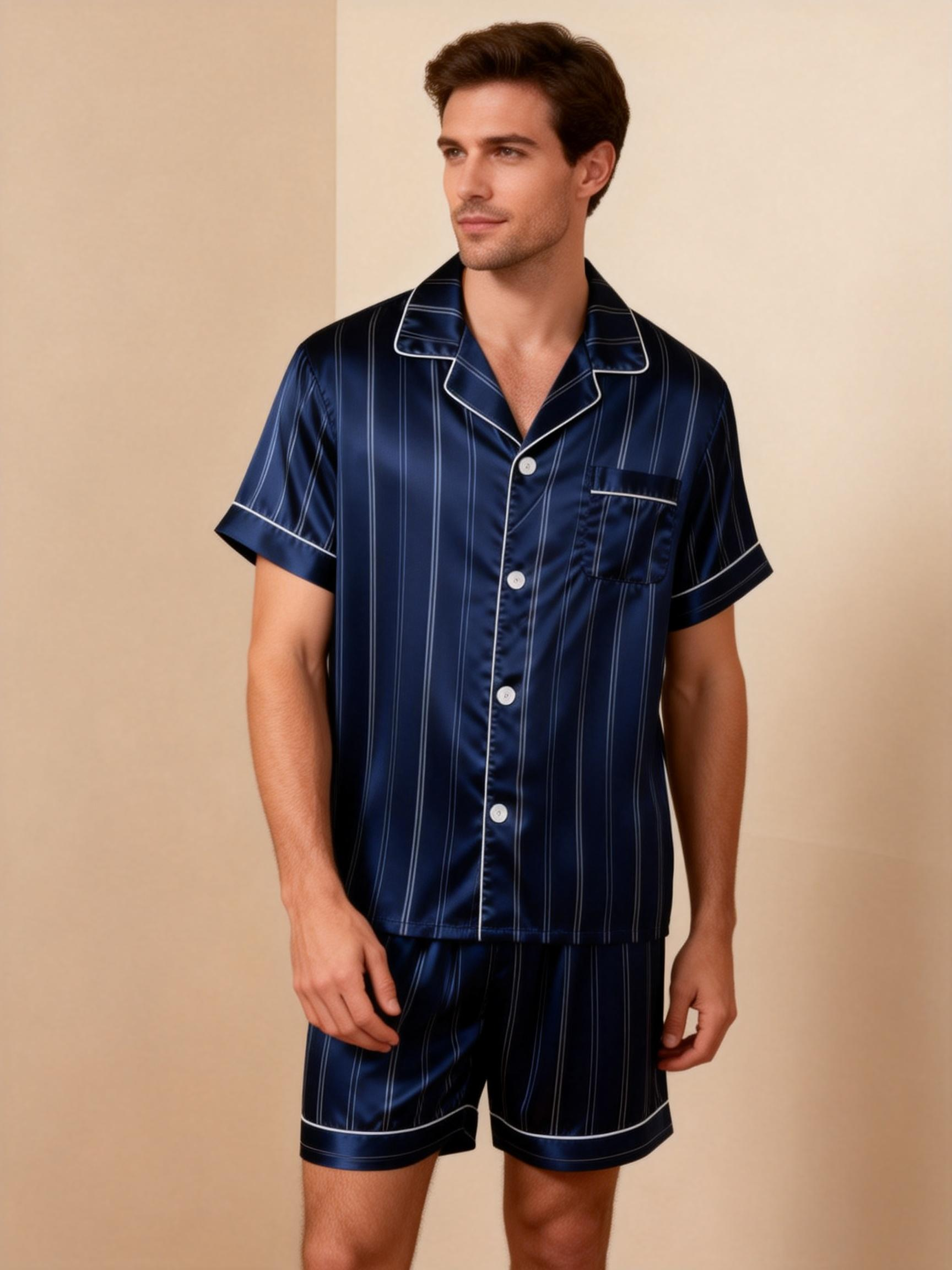 Silky Satin Striped Printed Sleep Set for Couples-Brown