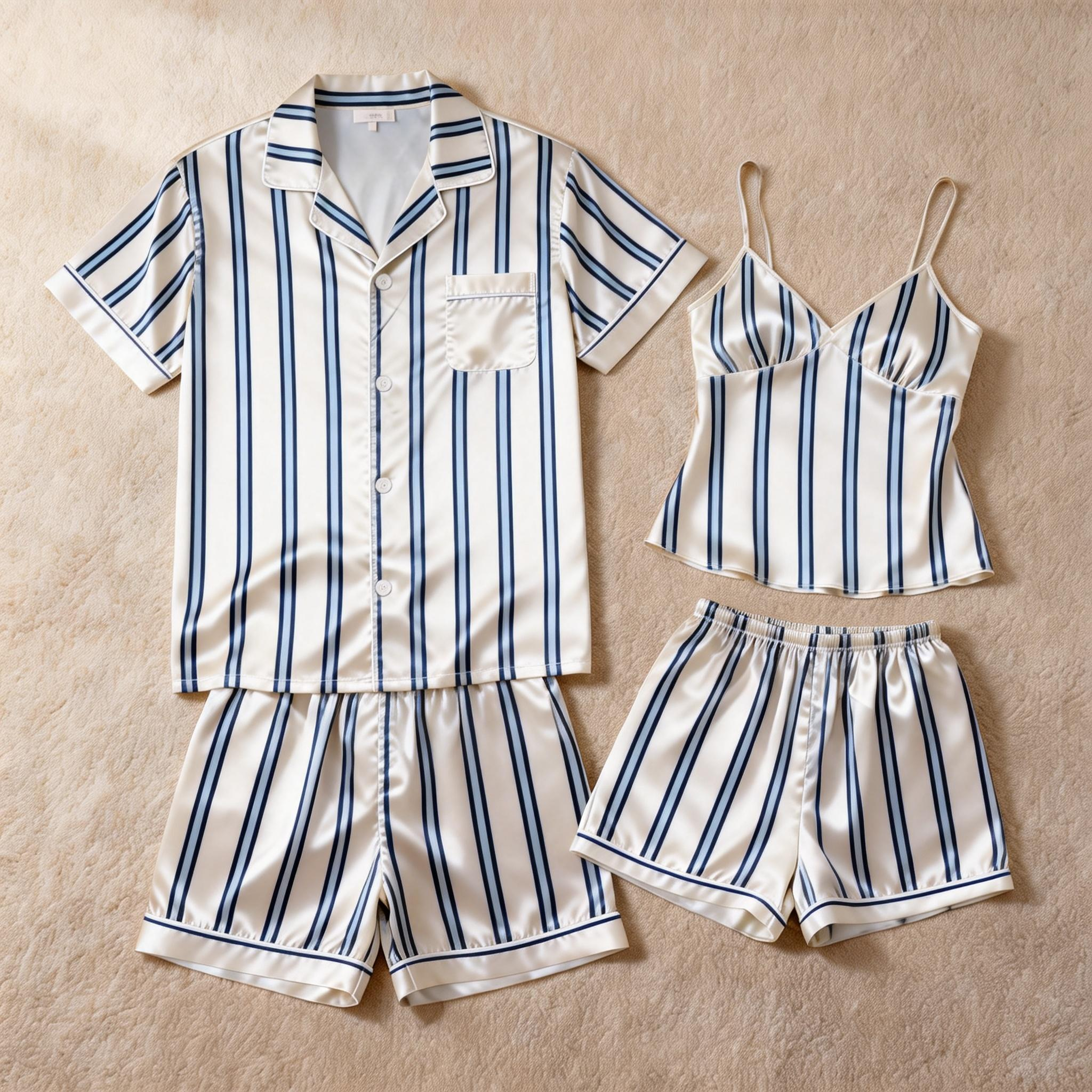 Silky Classic Striped Printed Couple Sleepwear – Oecan Satin Short Pajama Set