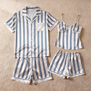 Silky Classic Striped Printed Couple Sleepwear – Satin Short Pajama Set