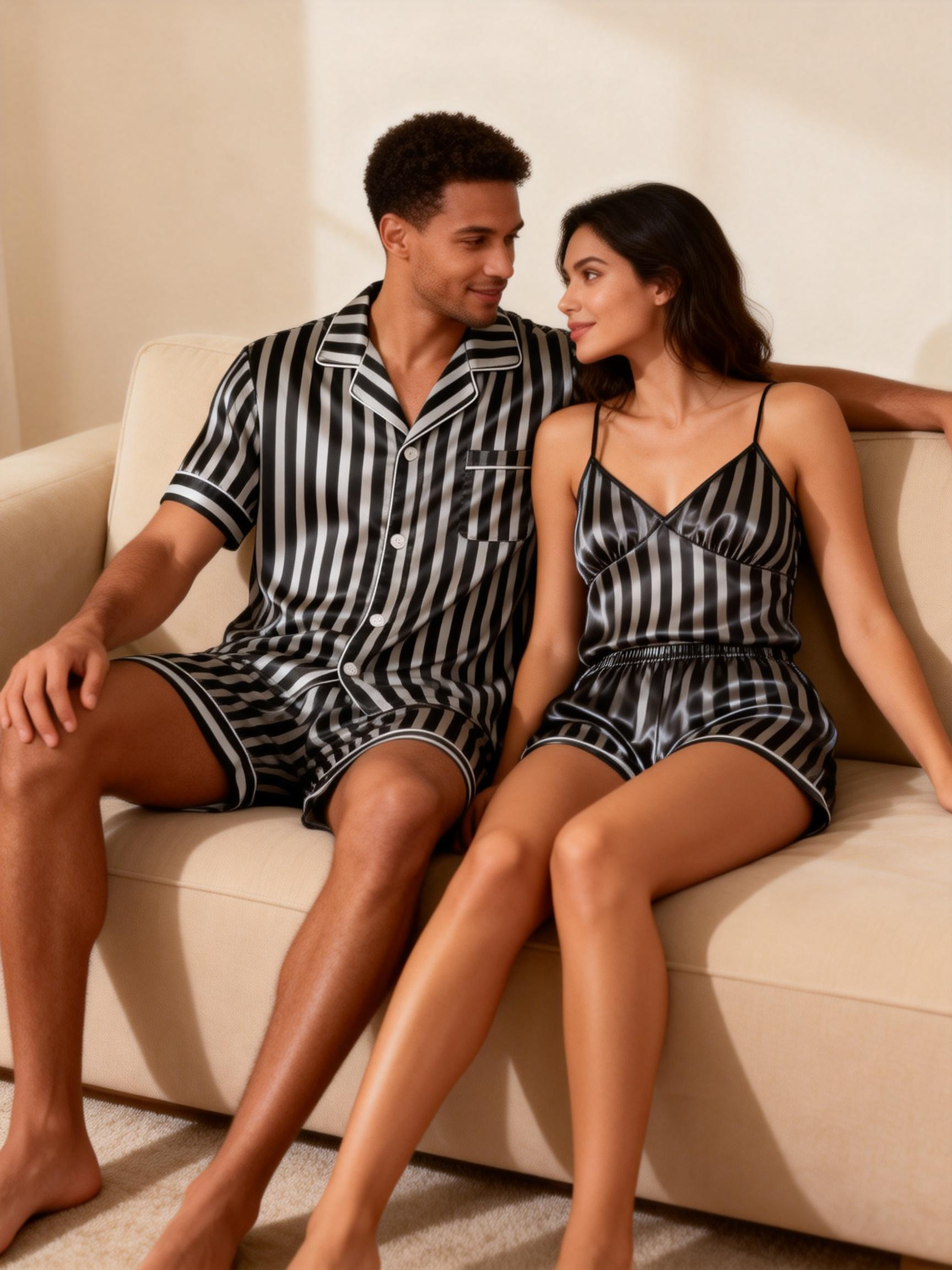 Striped Printed Silky Satin Pajamas for Couples – Chic & Comfortable