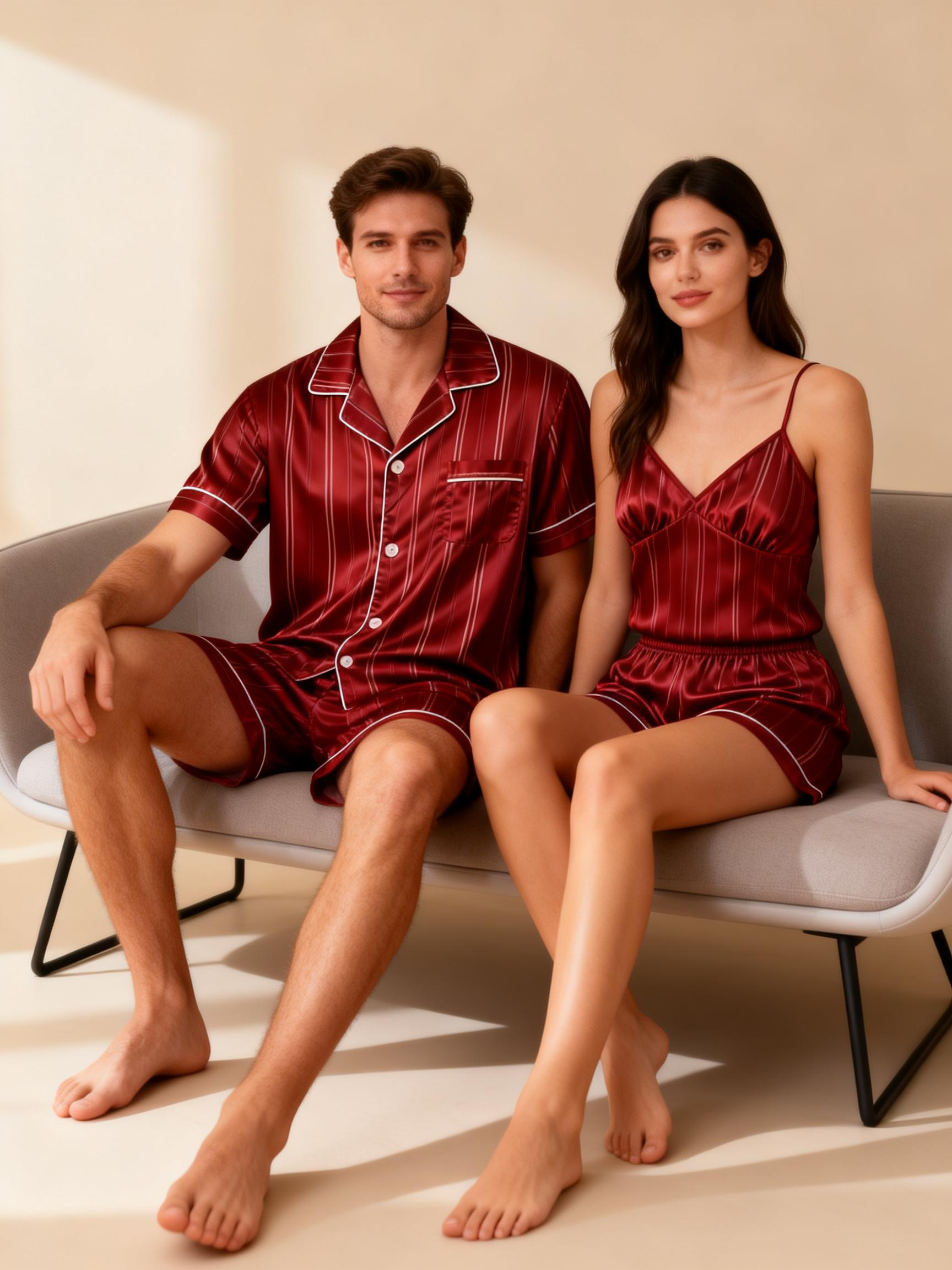 Silky Satin Striped Printed Sleep Set for Couples-Purple