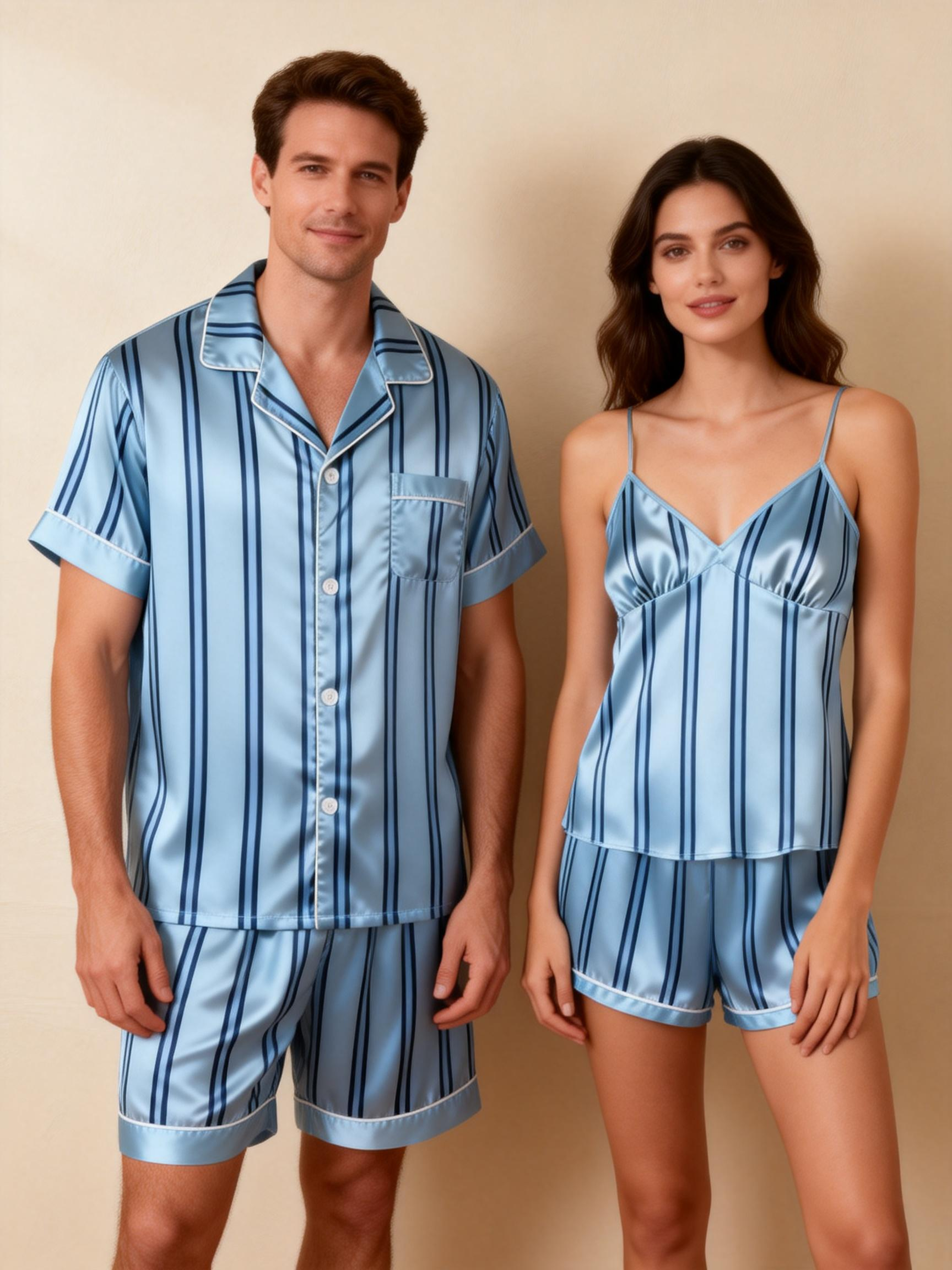 Silky Classic Striped Printed Couple Sleepwear – Navy Satin Short Pajama Set