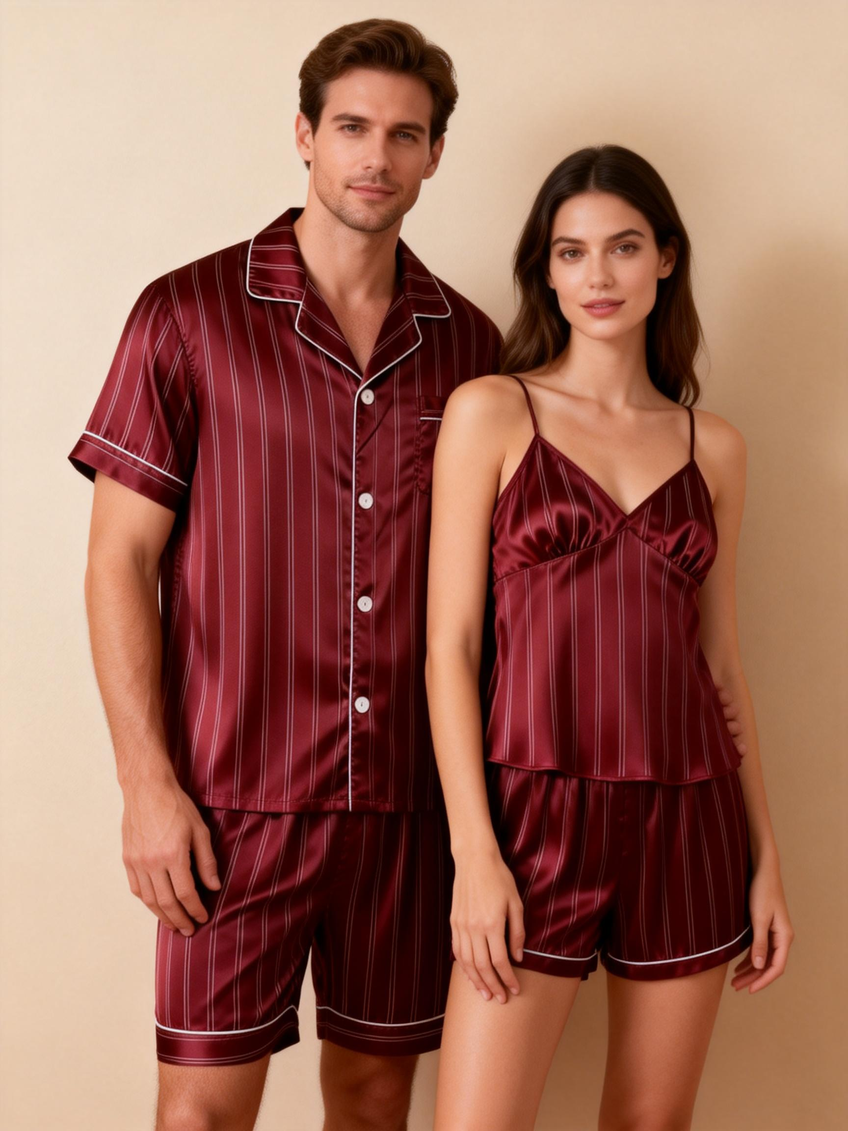 Silky Satin Striped Printed Sleep Set for Couples-Forest Green