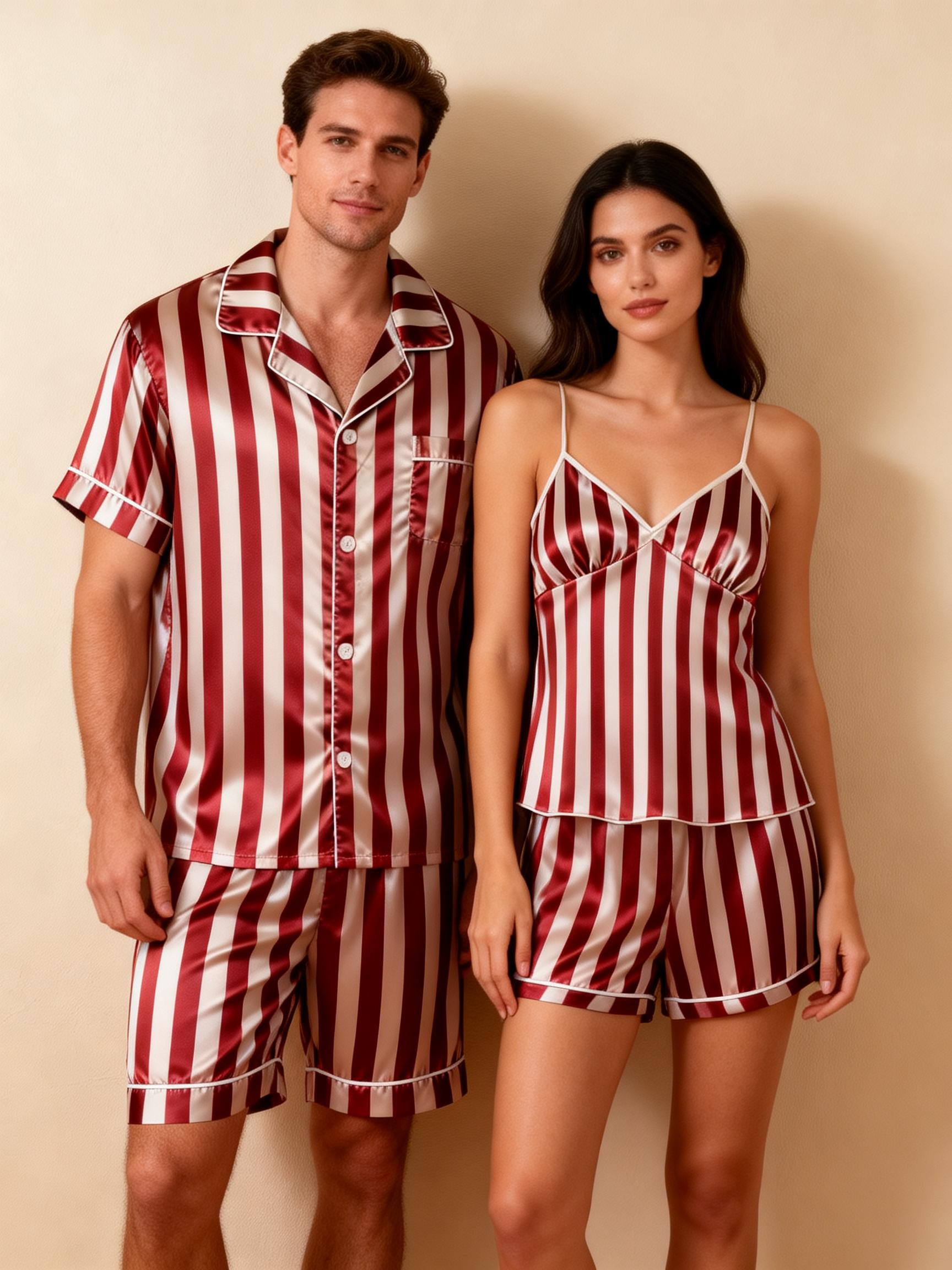 Striped Printed Silky Satin Pajamas for Couples – Chic & Comfortable