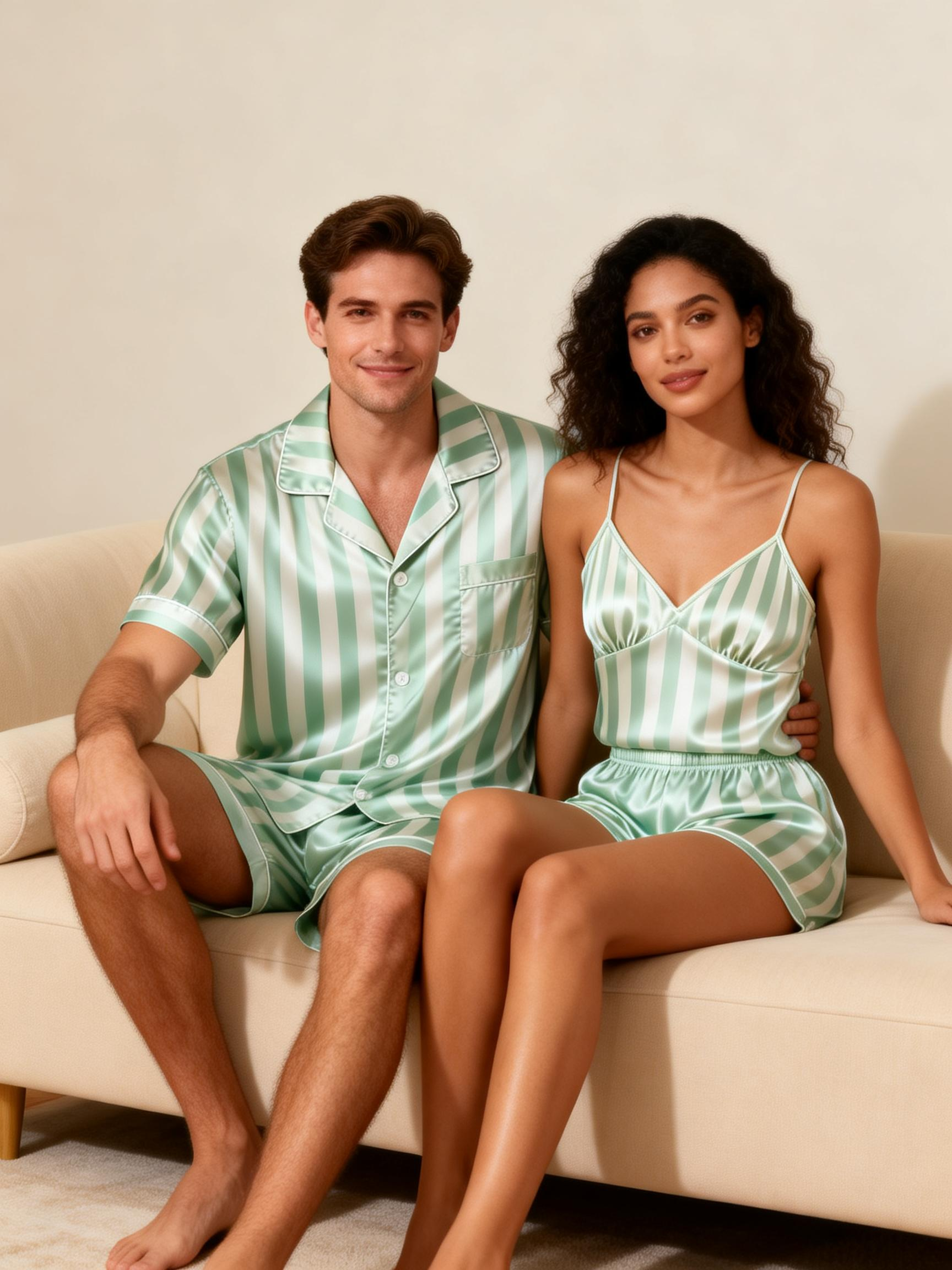 Striped Printed Silky Satin Pajamas for Couples – Chic & Comfortable