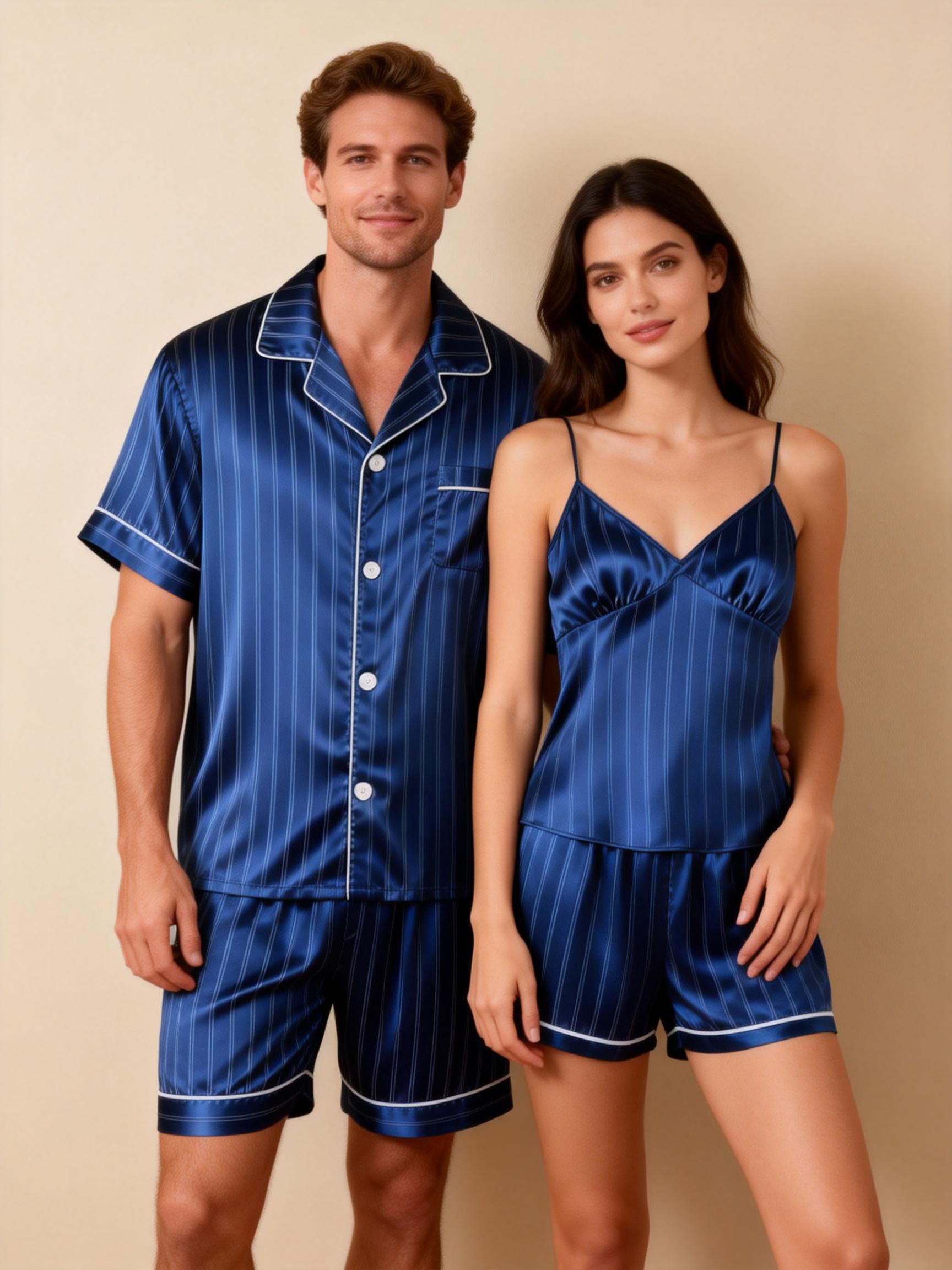 Silky Satin Striped Printed Sleep Set for Couples-Dark Green