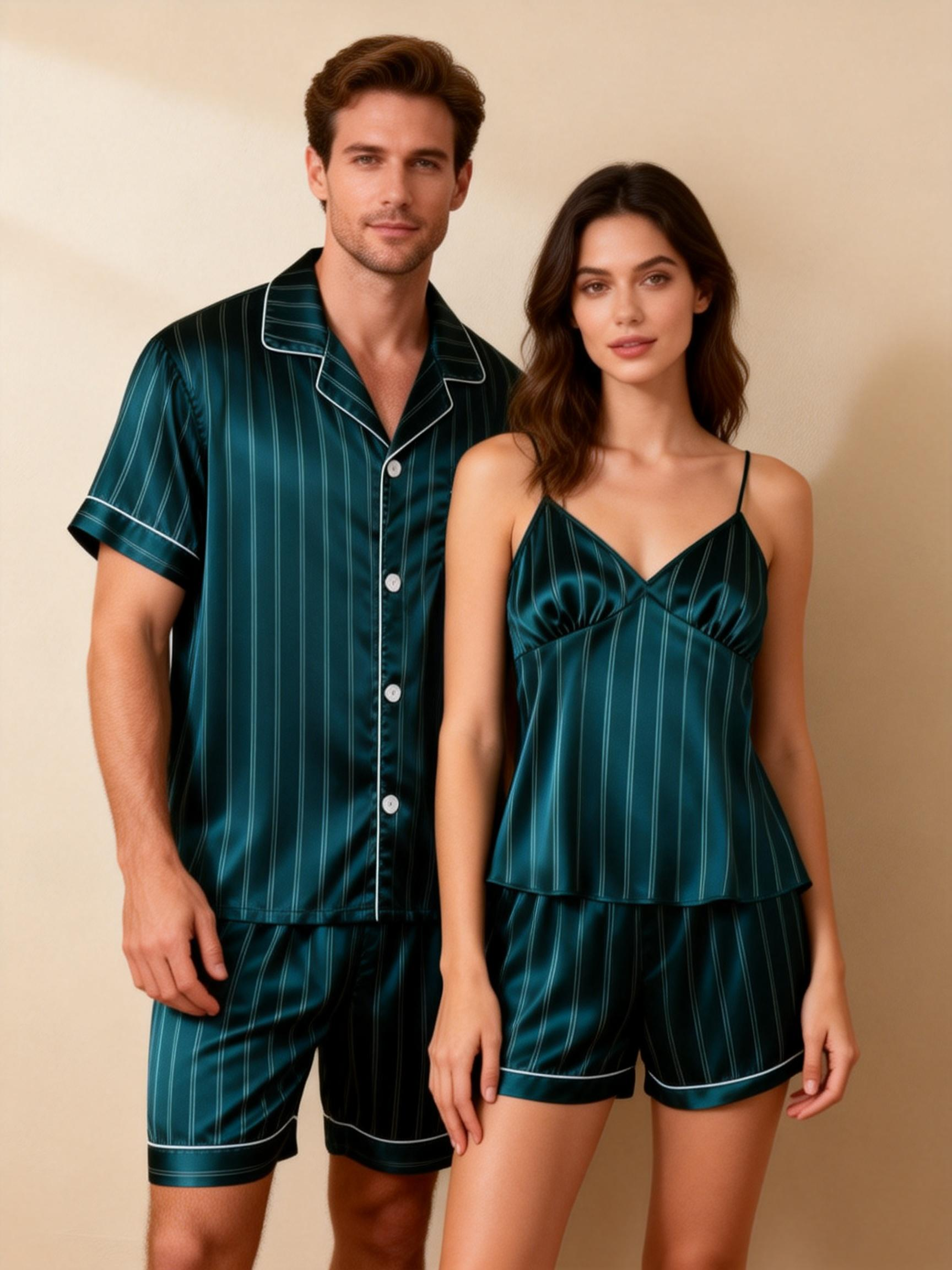 Silky Satin Striped Printed Sleep Set for Couples-Dark Green