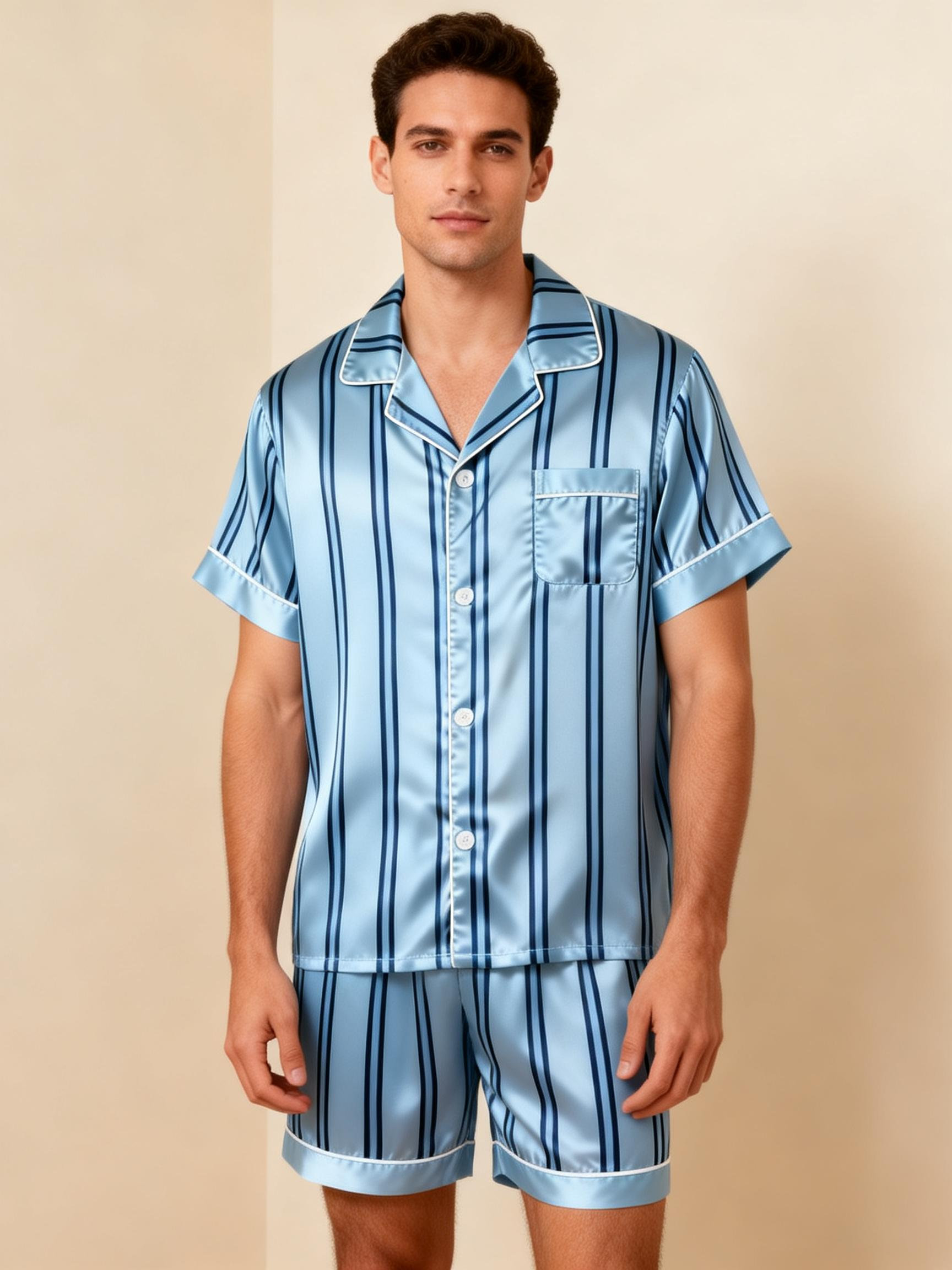 Silky Classic Striped Printed Couple Sleepwear – Satin Short Pajama Set