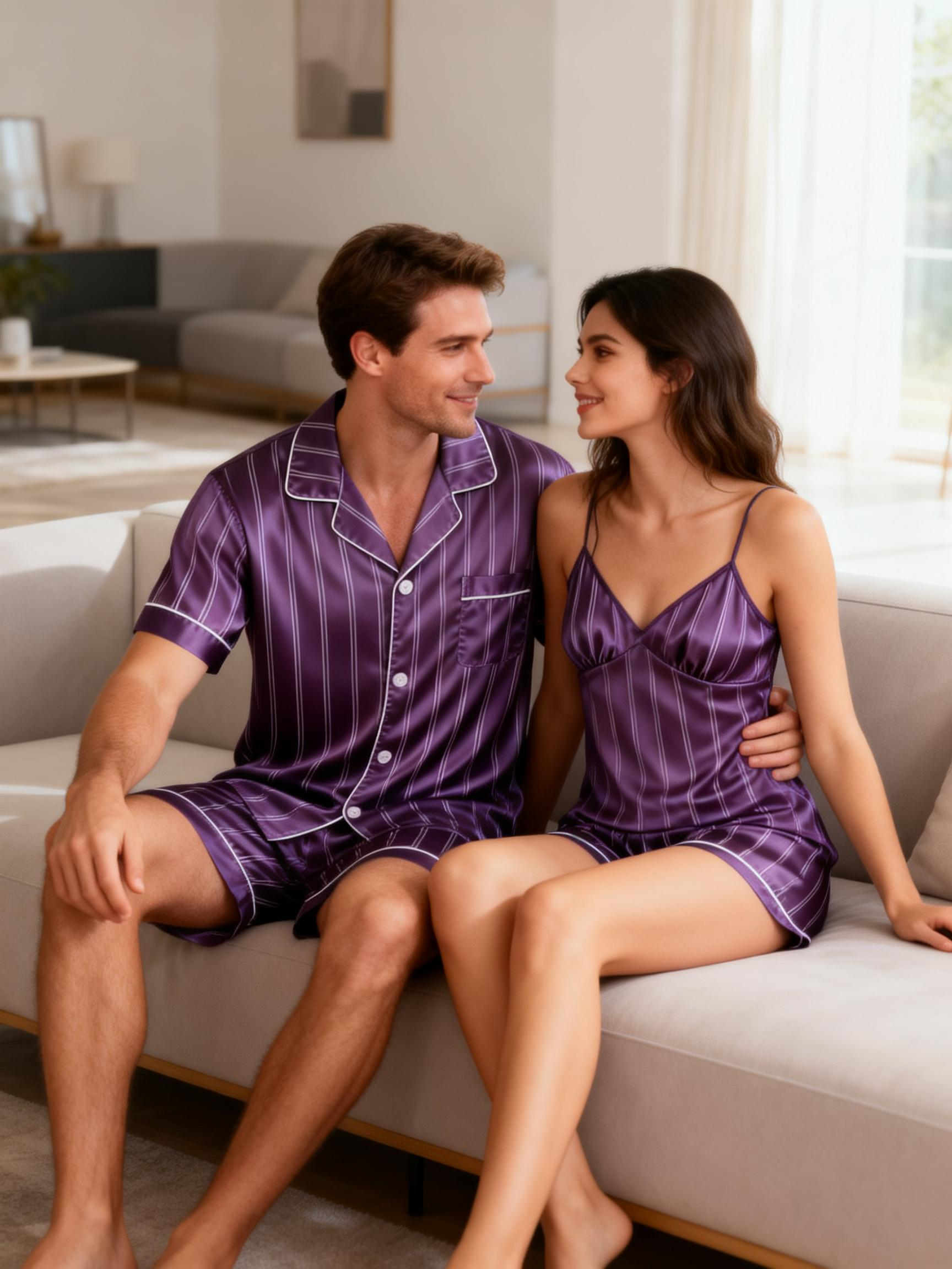 Silky Satin Striped Printed Sleep Set for Couples-Black