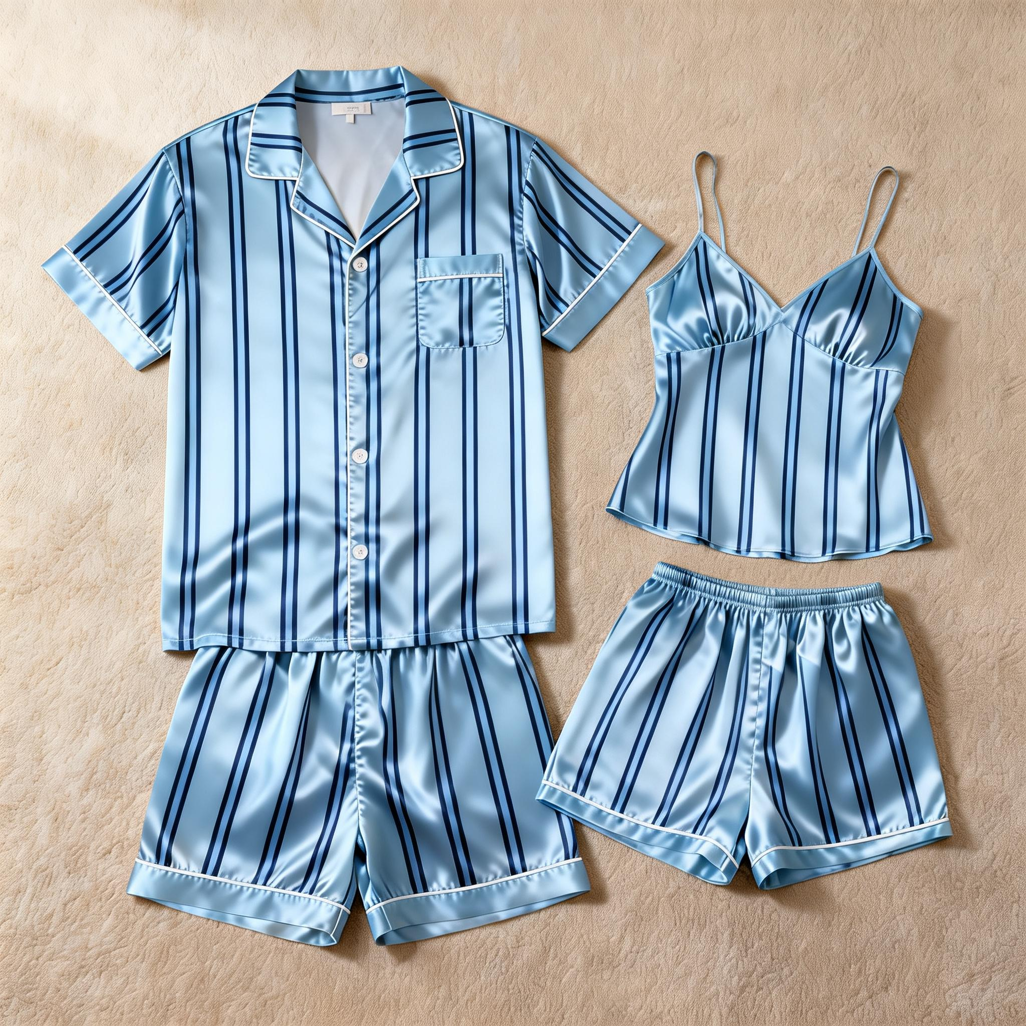 Silky Classic Striped Printed Couple Sleepwear – Oecan Satin Short Pajama Set