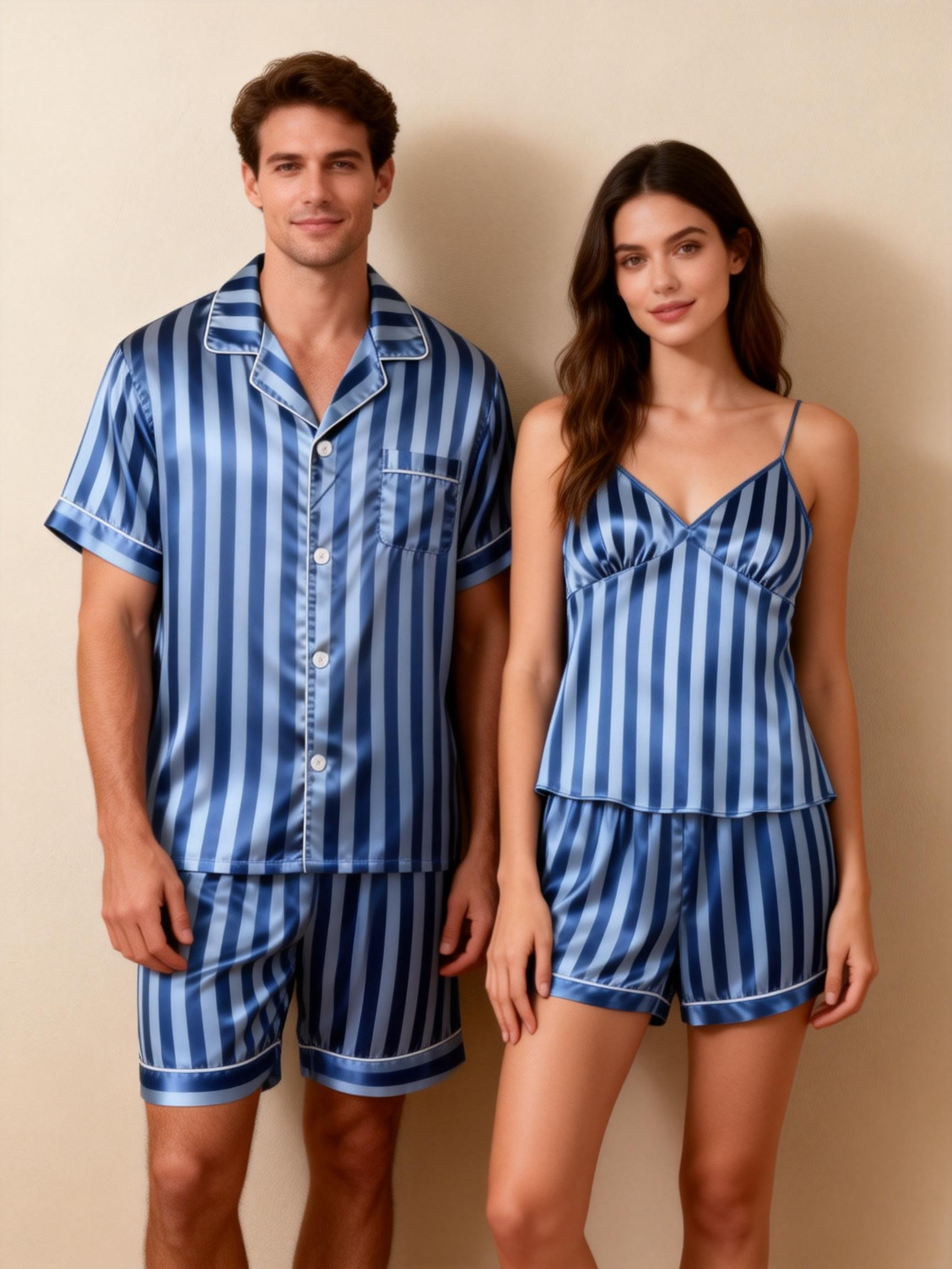 Striped Printed Silky Satin Pajamas for Couples – Chic & Comfortable
