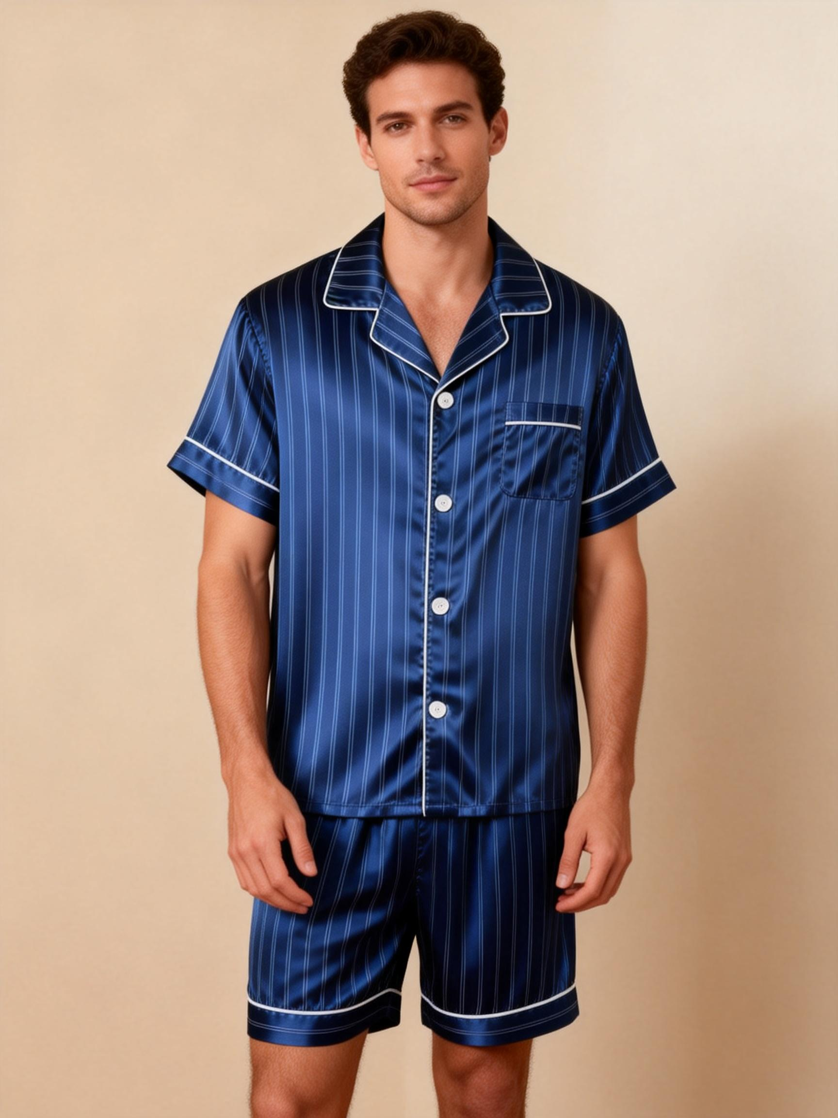 Silky Satin Striped Printed Sleep Set for Men-Purple