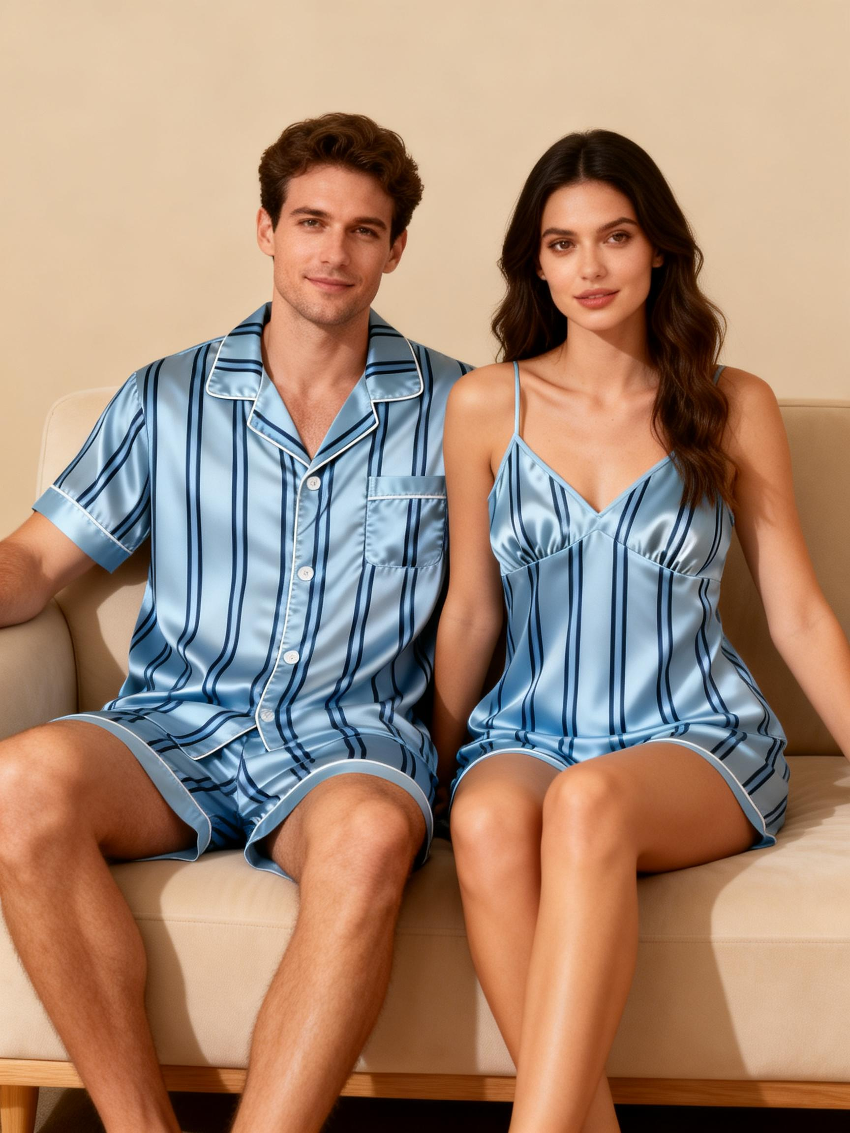 Silky Classic Striped Printed Couple Sleepwear – Navy Satin Short Pajama Set