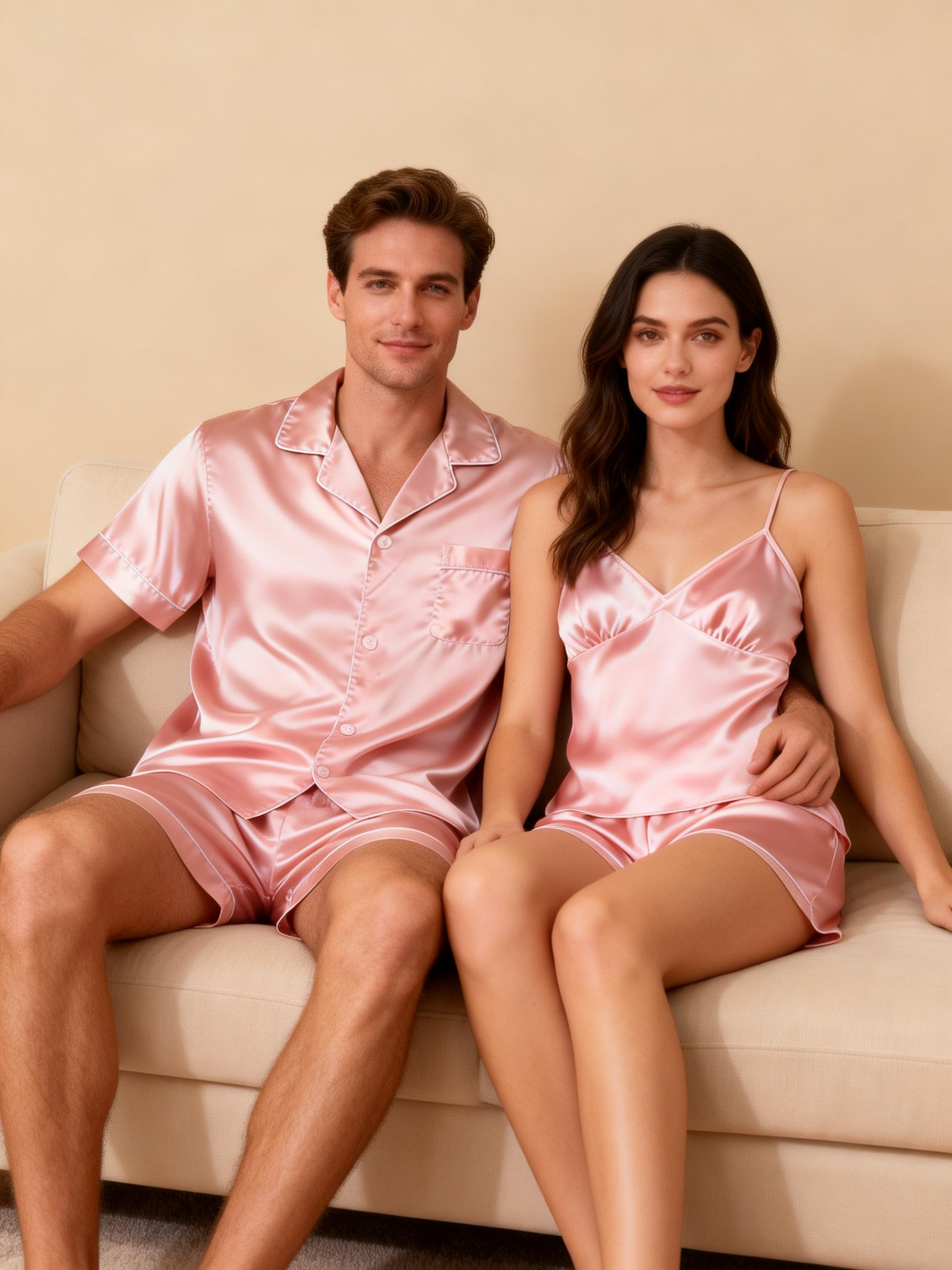 Silky Satin Solid Sleep Set for Couples-Dark Green