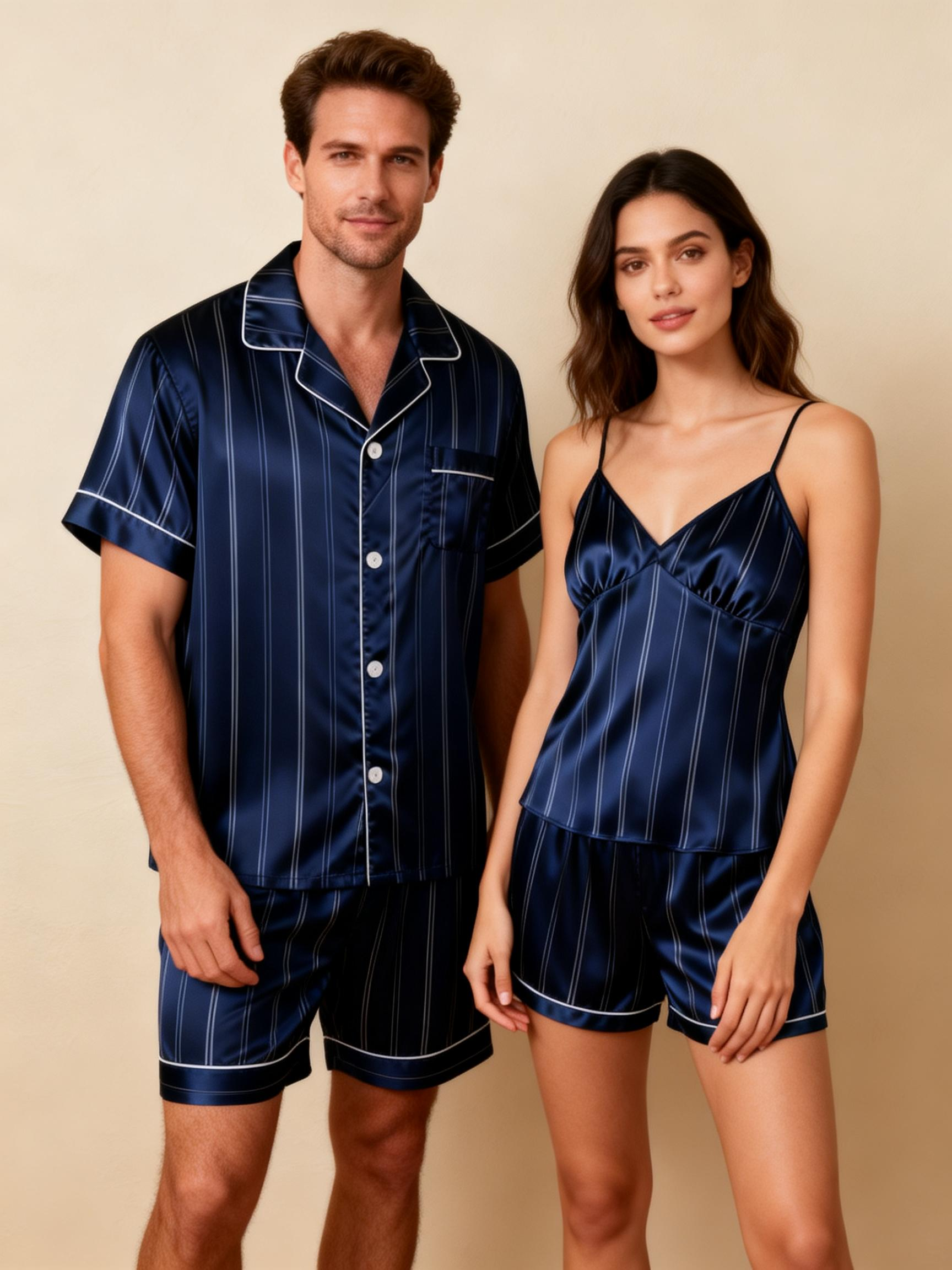 Silky Satin Striped Printed Sleep Set for Couples-Dark Green