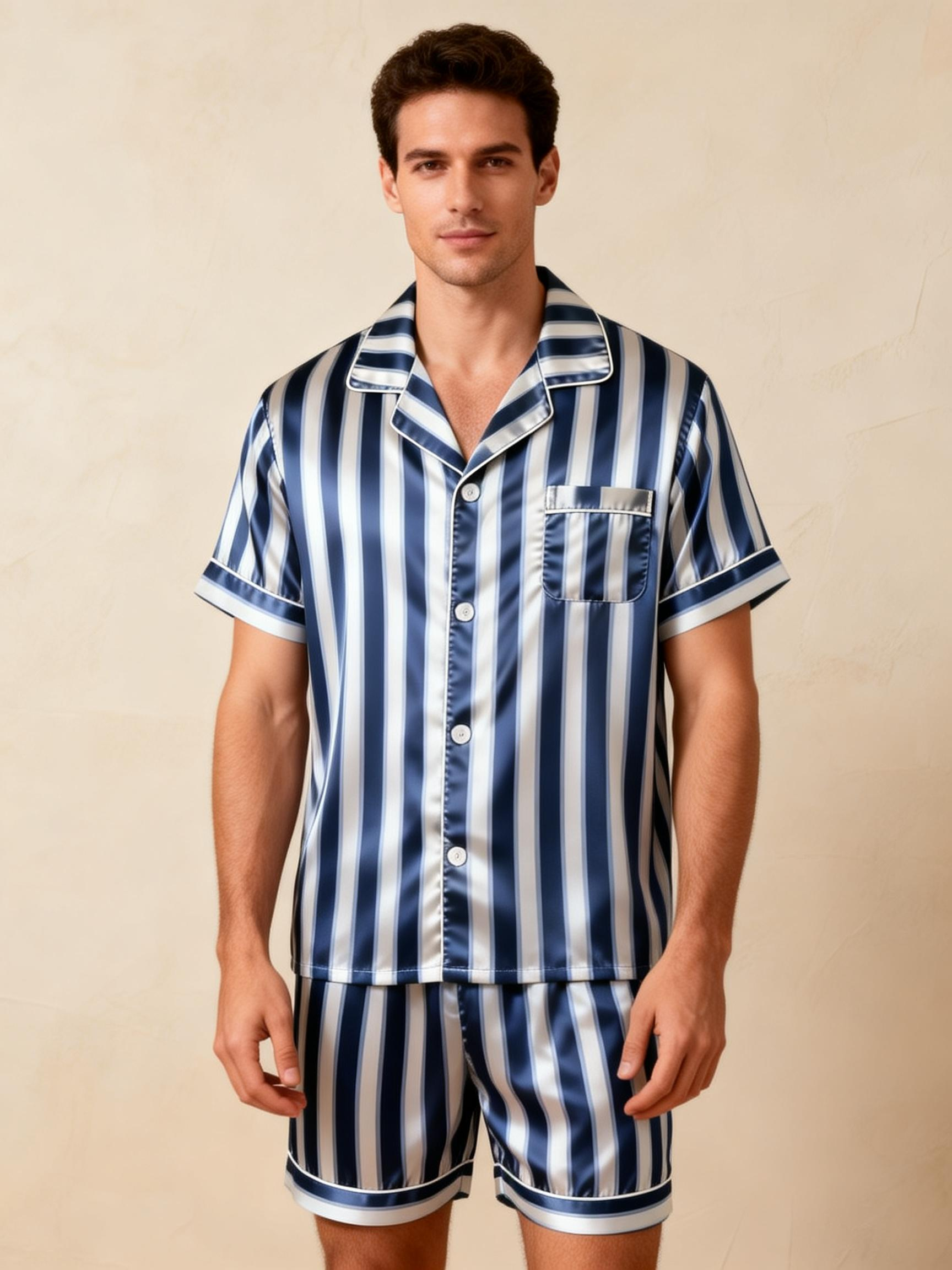 Silky Classic Striped Printed Men Sleepwear Satin Short Pajama Set