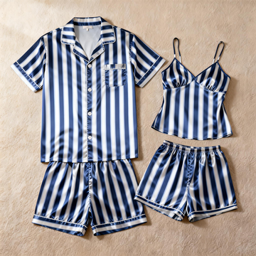 Silky Classic Striped Printed Couple Sleepwear – Navy Satin Short Pajama Set
